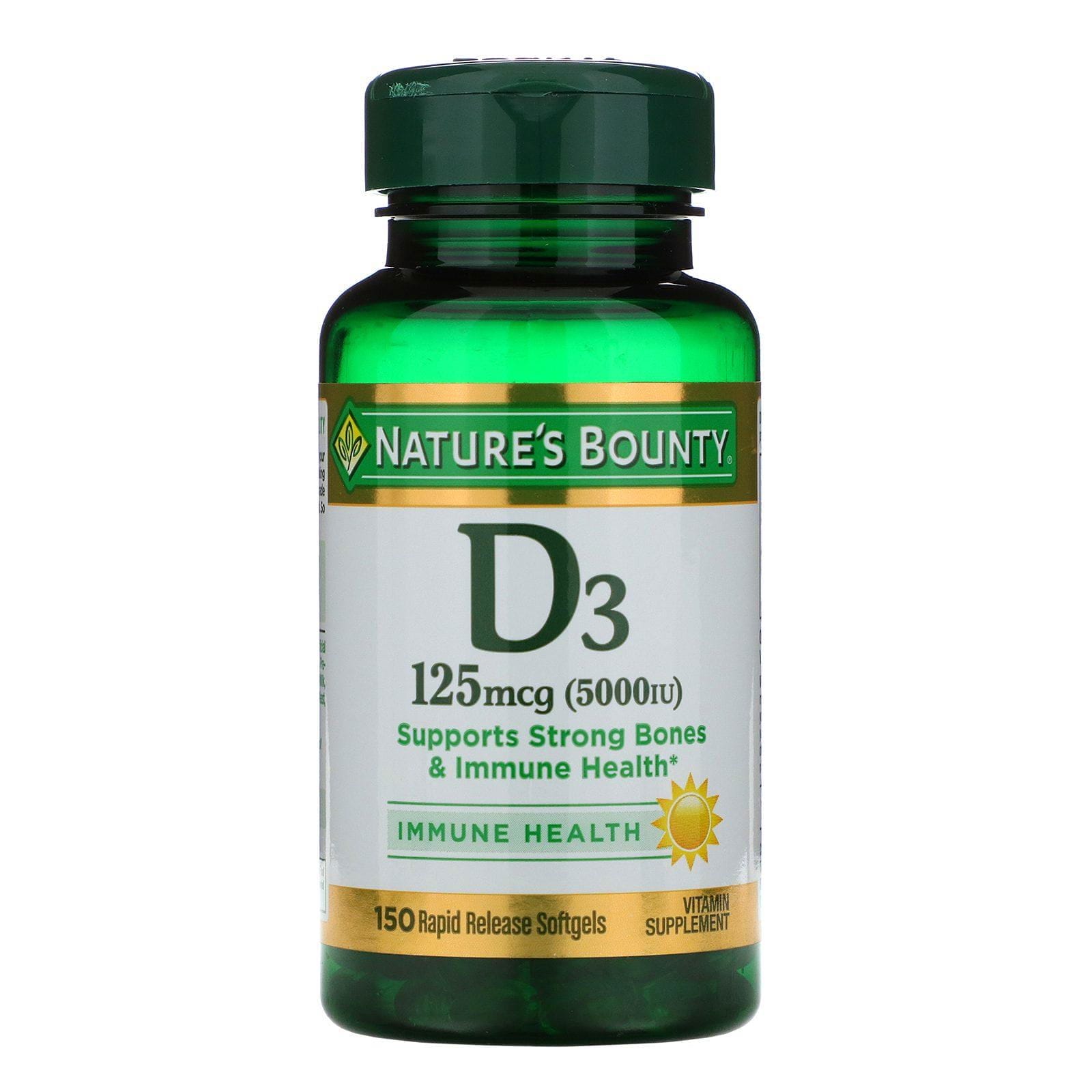 Nature's Bounty, Vitamina D3, Salud inmunitaria, 125 mcg (5000 UI), 150 cápsulas blandas de liberación rápida