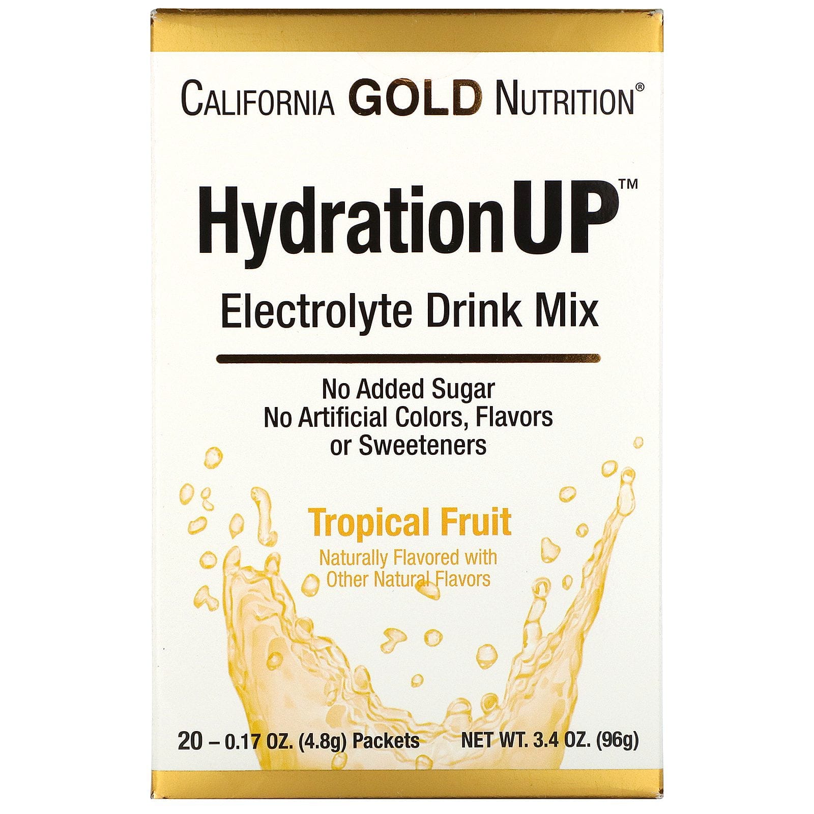 California Gold Nutrition, HydrationUP, Mezcla para preparar bebidas con electrolitos, Frutas tropicales, 20 sobres, 4,8 g (0,17 oz) cada uno