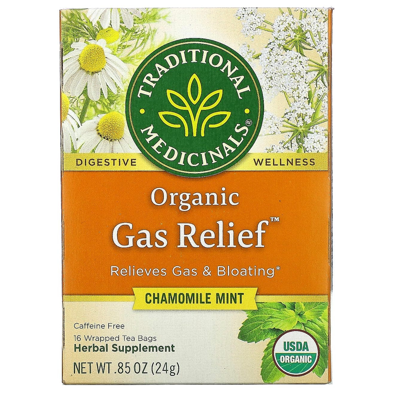 Traditional Medicinals, Gas Relief, Té orgánico para aliviar los gases, Sin cafeína, Manzanilla y menta, 16 bolsitas de té envueltas, 24 g (0,85 oz)