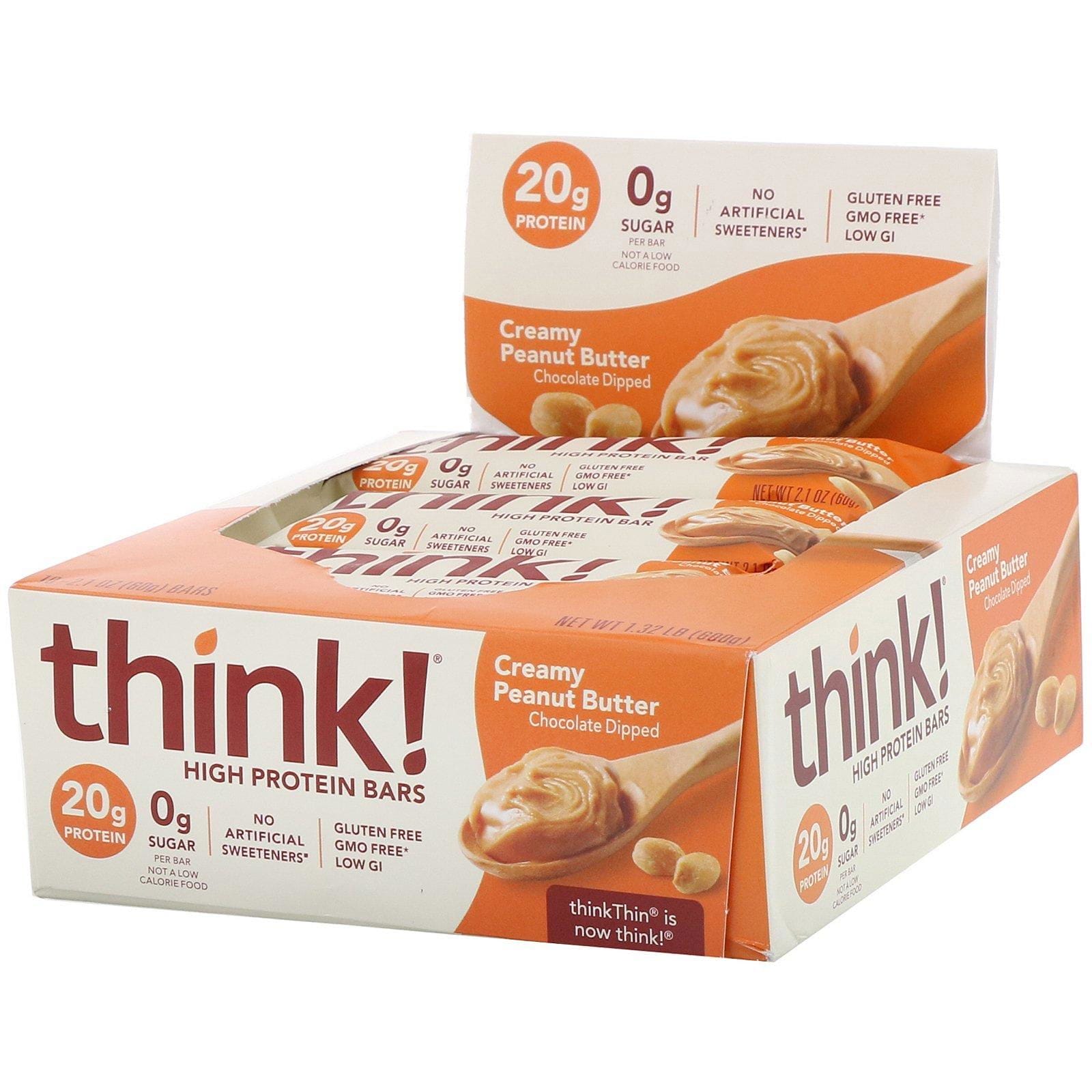 ThinkThin, Barras altas en proteínas, Mantequilla de maní cremosa, 10 Barras, 2.1 oz (60 g) c/u
