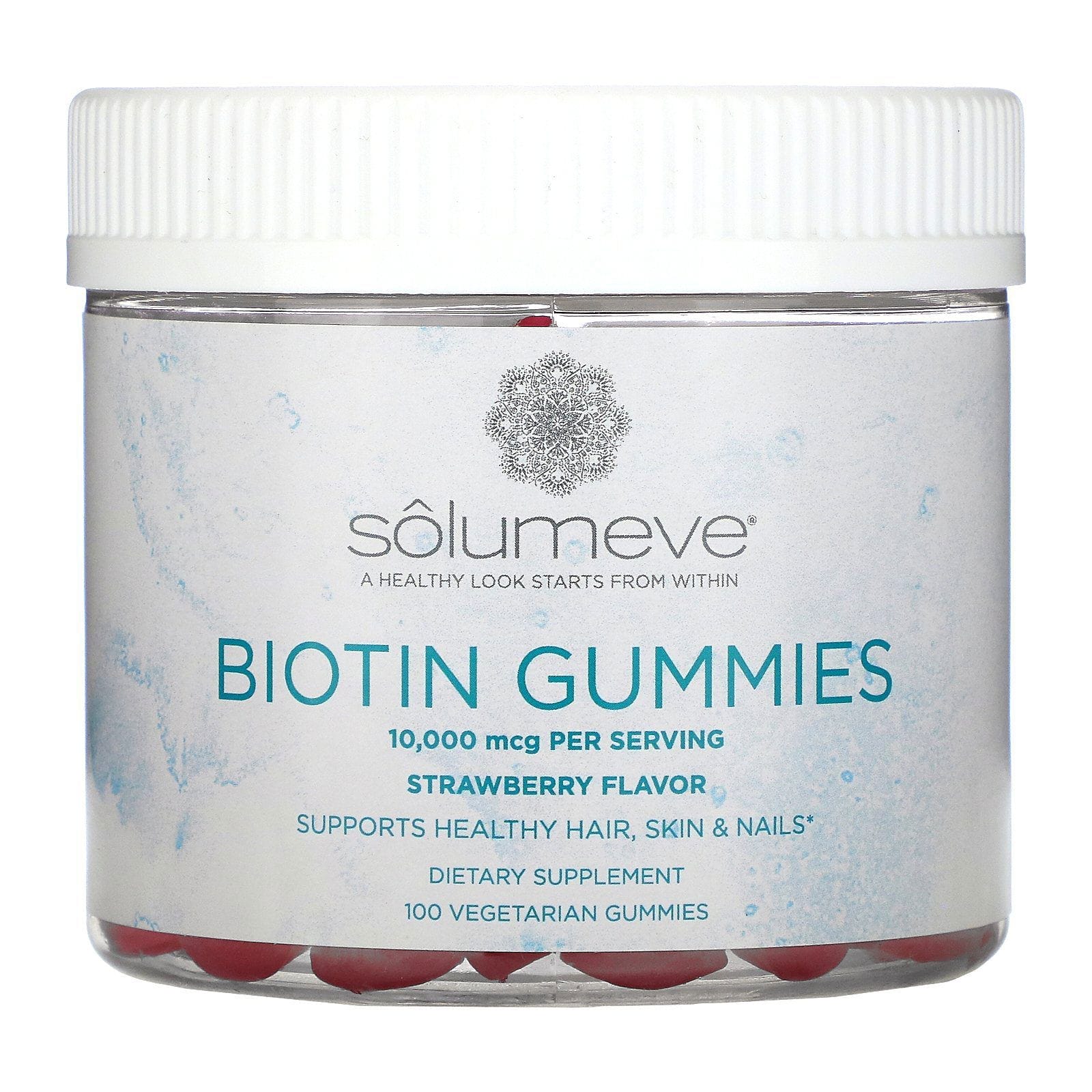 Solumeve, Gomitas de biotina, Sin gelatina, Sabor a fresa, 10.000 mcg, 100 gomitas vegetales