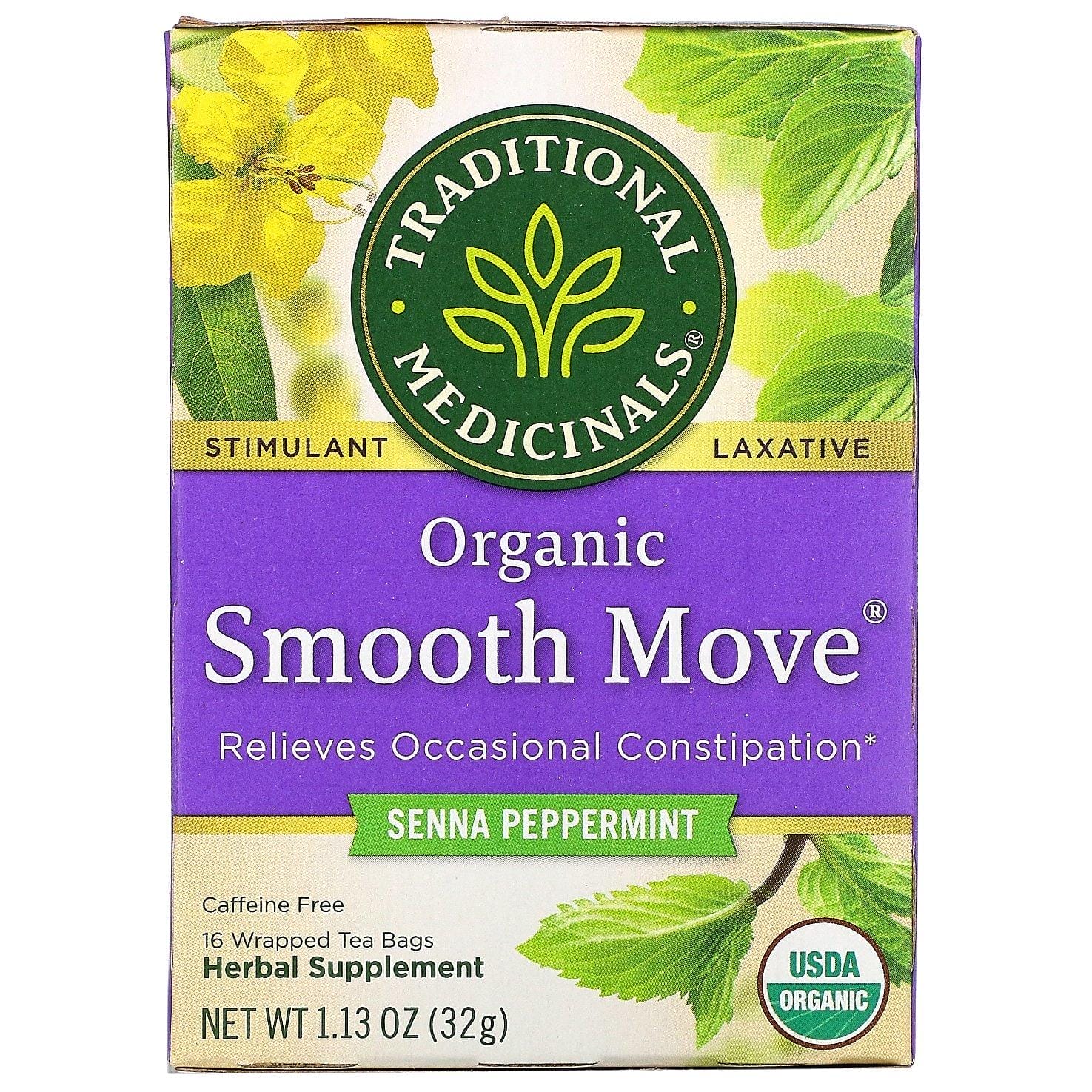 Traditional Medicinals, Smooth Move, Té orgánico, Sen y menta, Sin cafeína, 16 bolsitas de té envueltas, 32 g (1,13 oz)