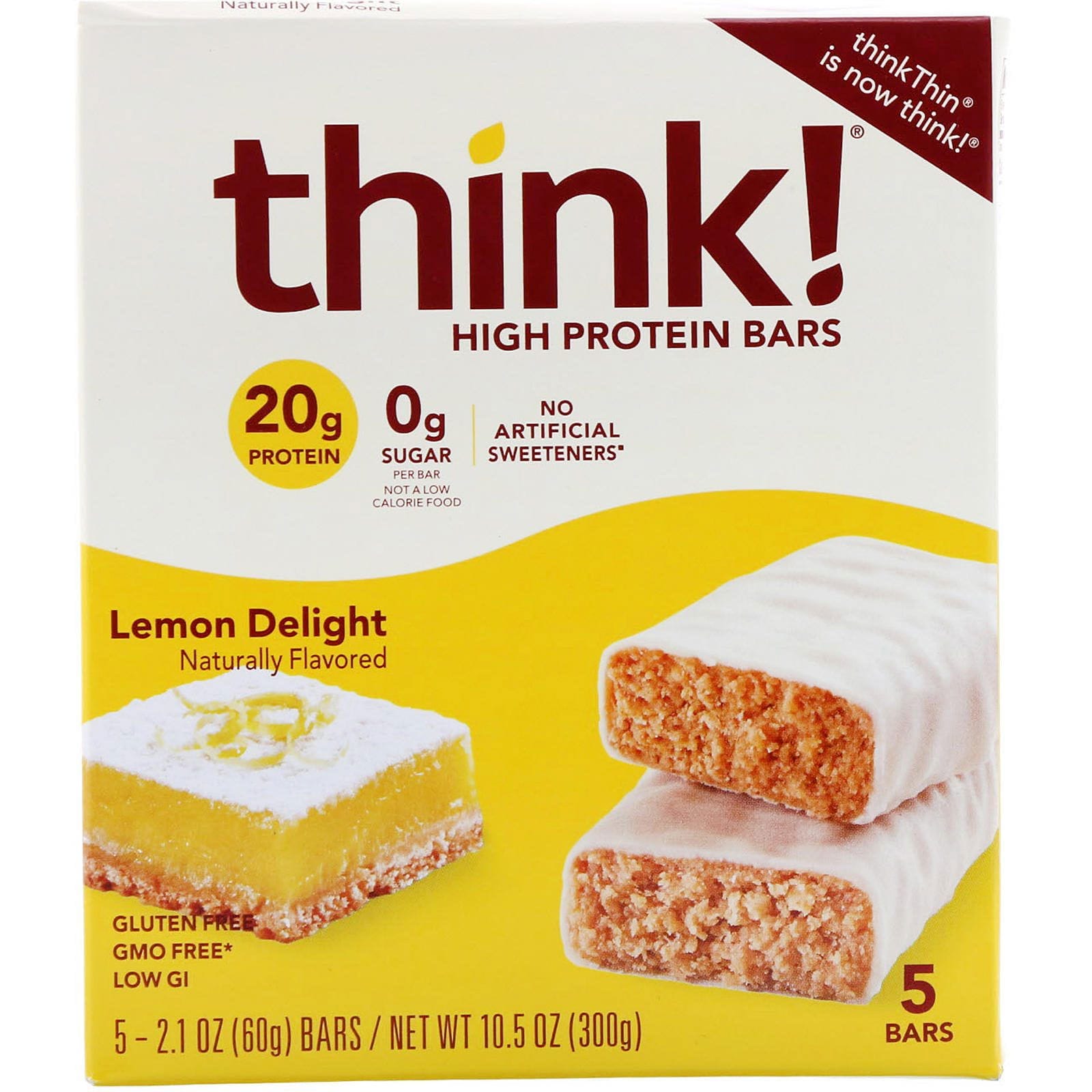 ThinkThin, Barras con alto contenido proteico, delicia de limón, 5 barras, 2,1 oz (60 g) cada una