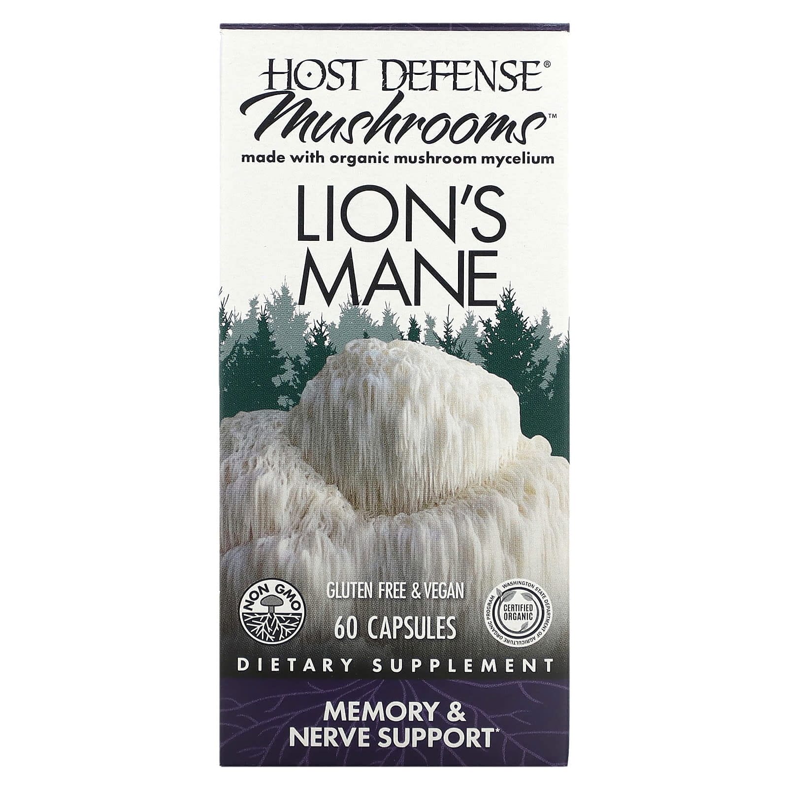 Fungi Perfecti Host Defense, Host Defense, Melena de león, Suplemento para la memoria y los nervios, 60 cápsulas vegetales