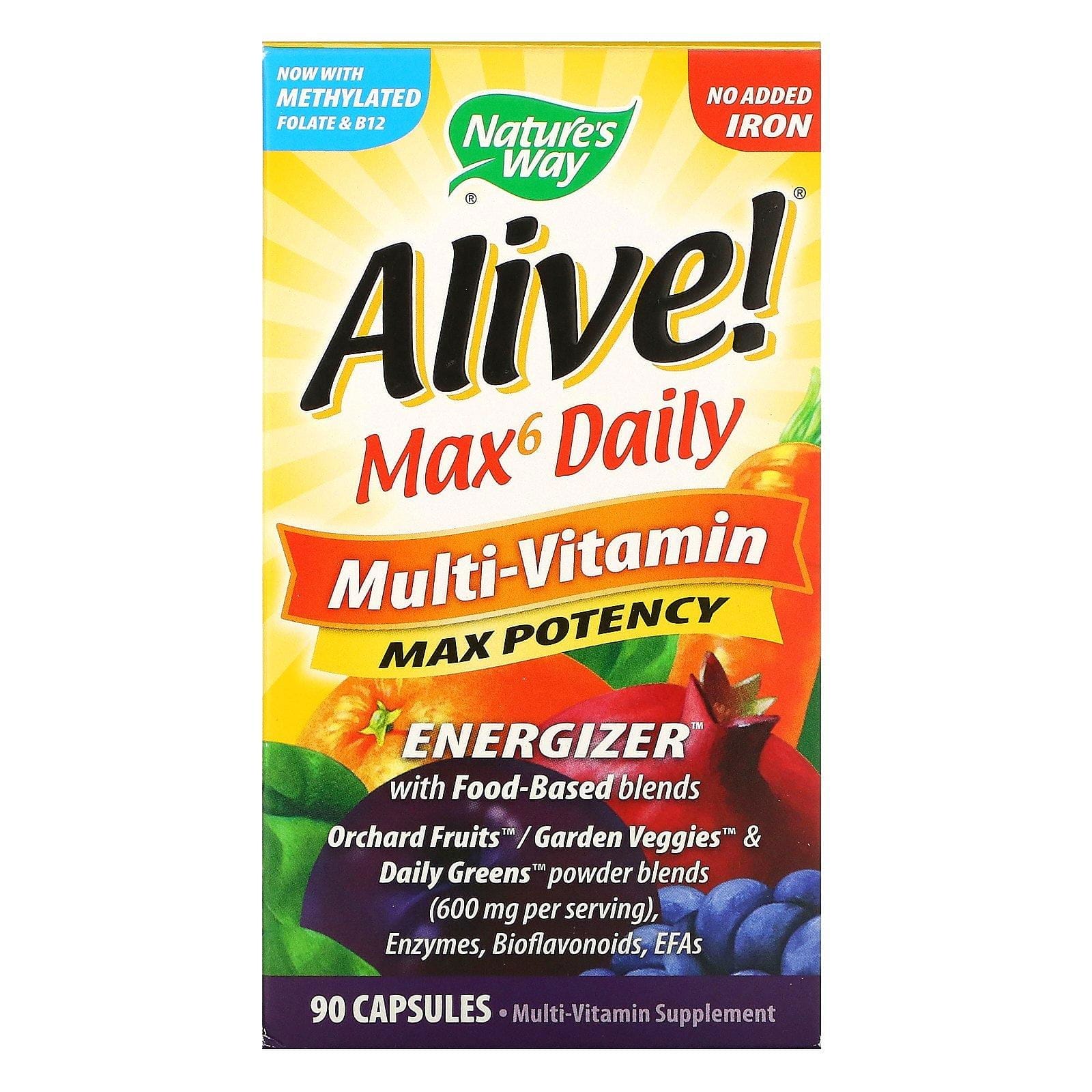 Nature's Way, Alive! Suplemento multivitamínico, Un máximo de 6 veces al día, potencia máxima, sin hierro añadido, 90 cápsulas