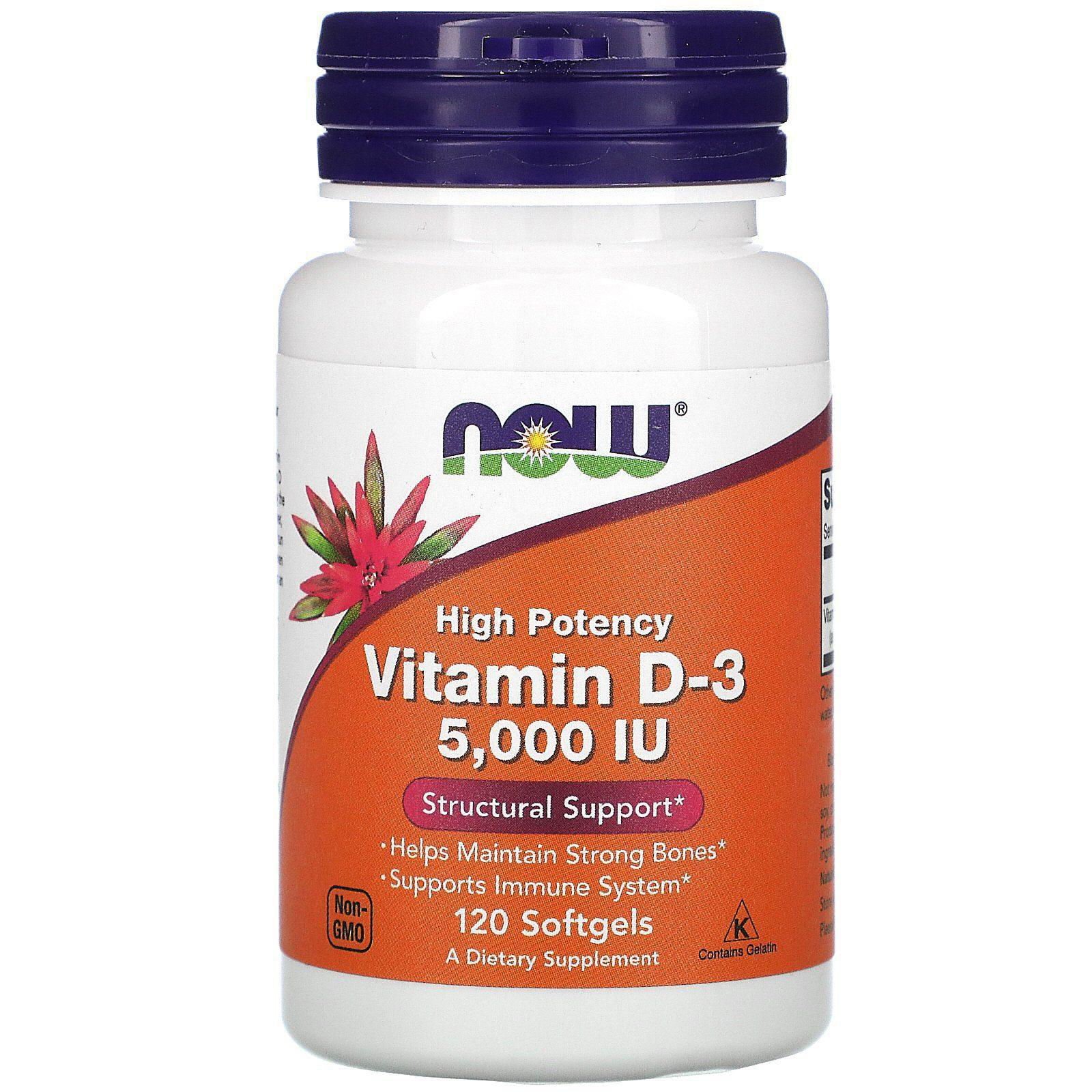 Now Foods, Vitamina D3 de alta potencia, 125 mcg (5000 UI), 120 cápsulas blandas