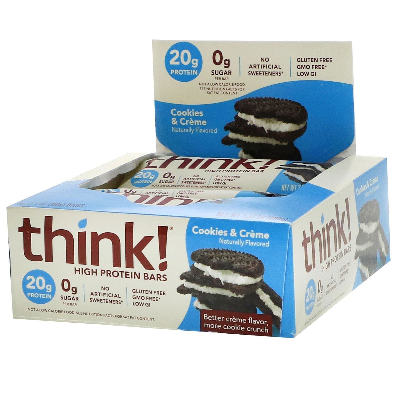 ThinkThin, Barras altas en proteínas, galletas y crema, 2,1 oz (60 g) cada una