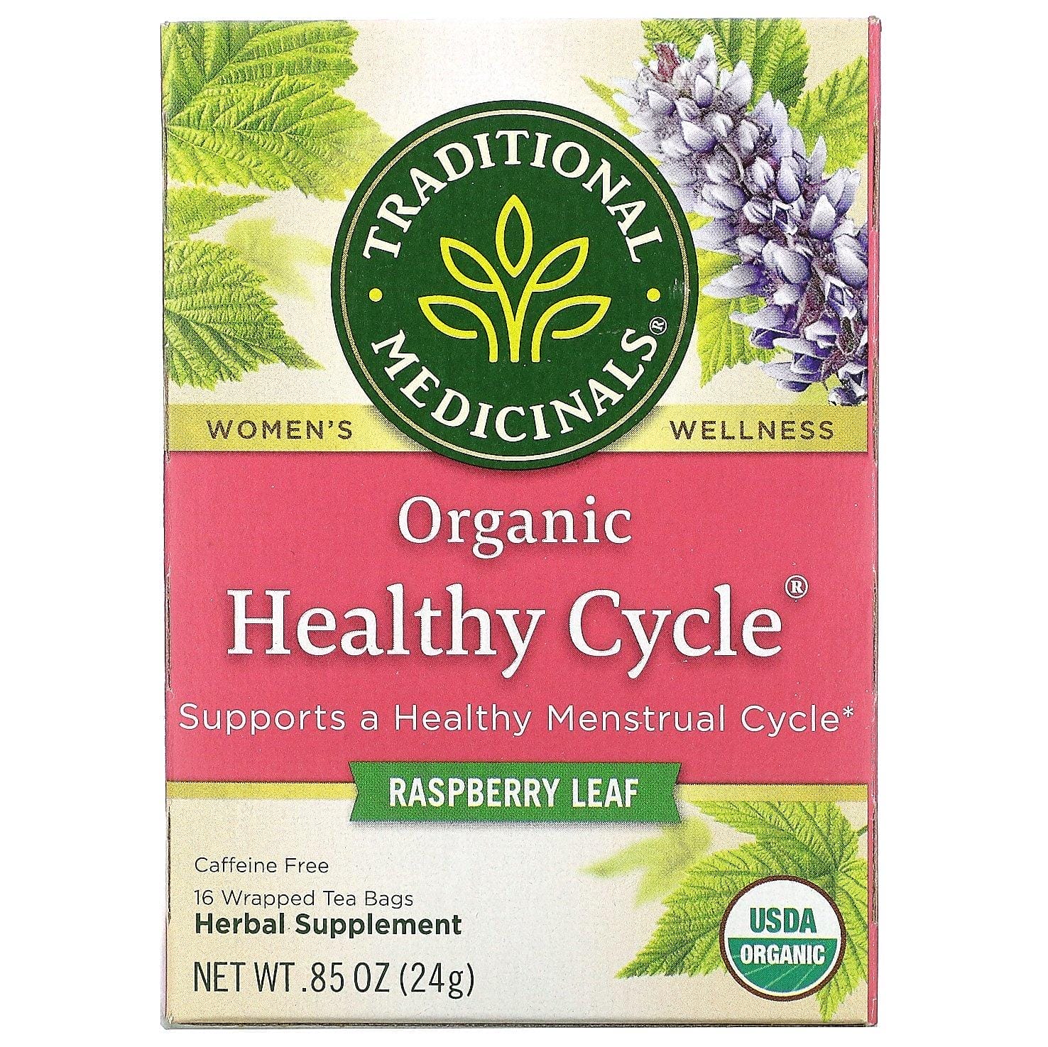 Traditional Medicinals, Healthy Cycle, Té orgánico, Hoja de frambuesa, Sin cafeína, 16 bolsitas de té envueltas, 24 g (0,85 oz)