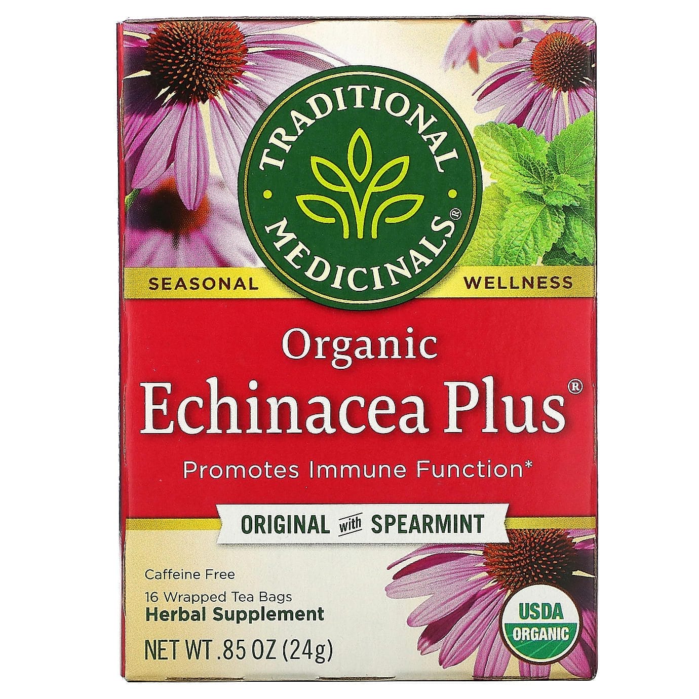 Traditional Medicinals, Echinacea Plus, Té orgánico, Original con hierbabuena, Sin cafeína, 16 bolsitas de té envueltas, 24 g (0,85 oz)