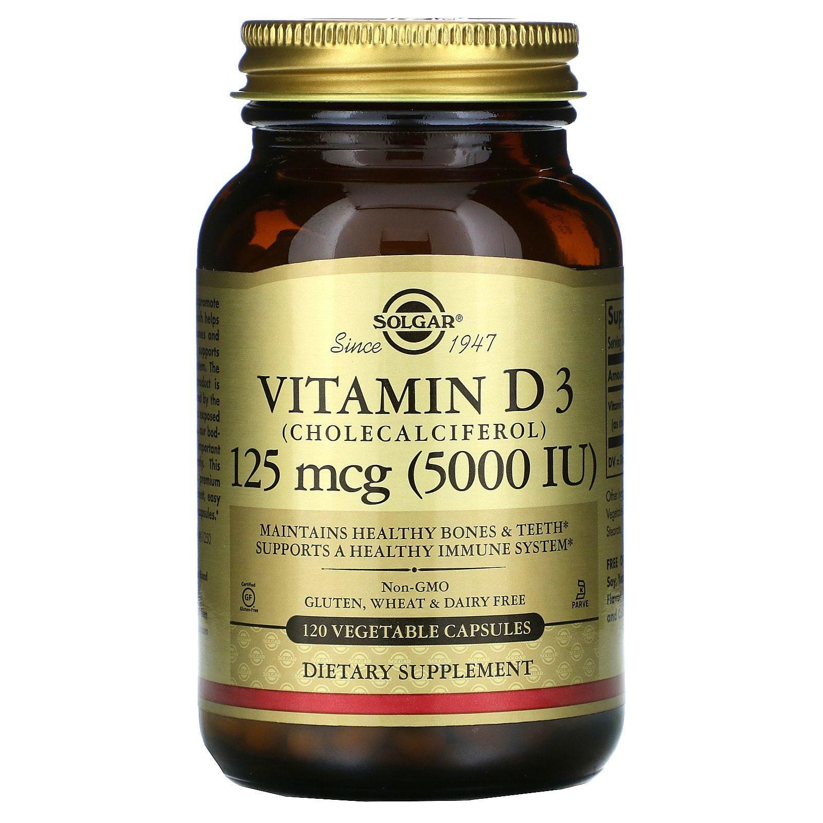 Solgar, Vitamina D3 (colecalciferol), 125 mcg (5000 UI), 120 cápsulas vegetales