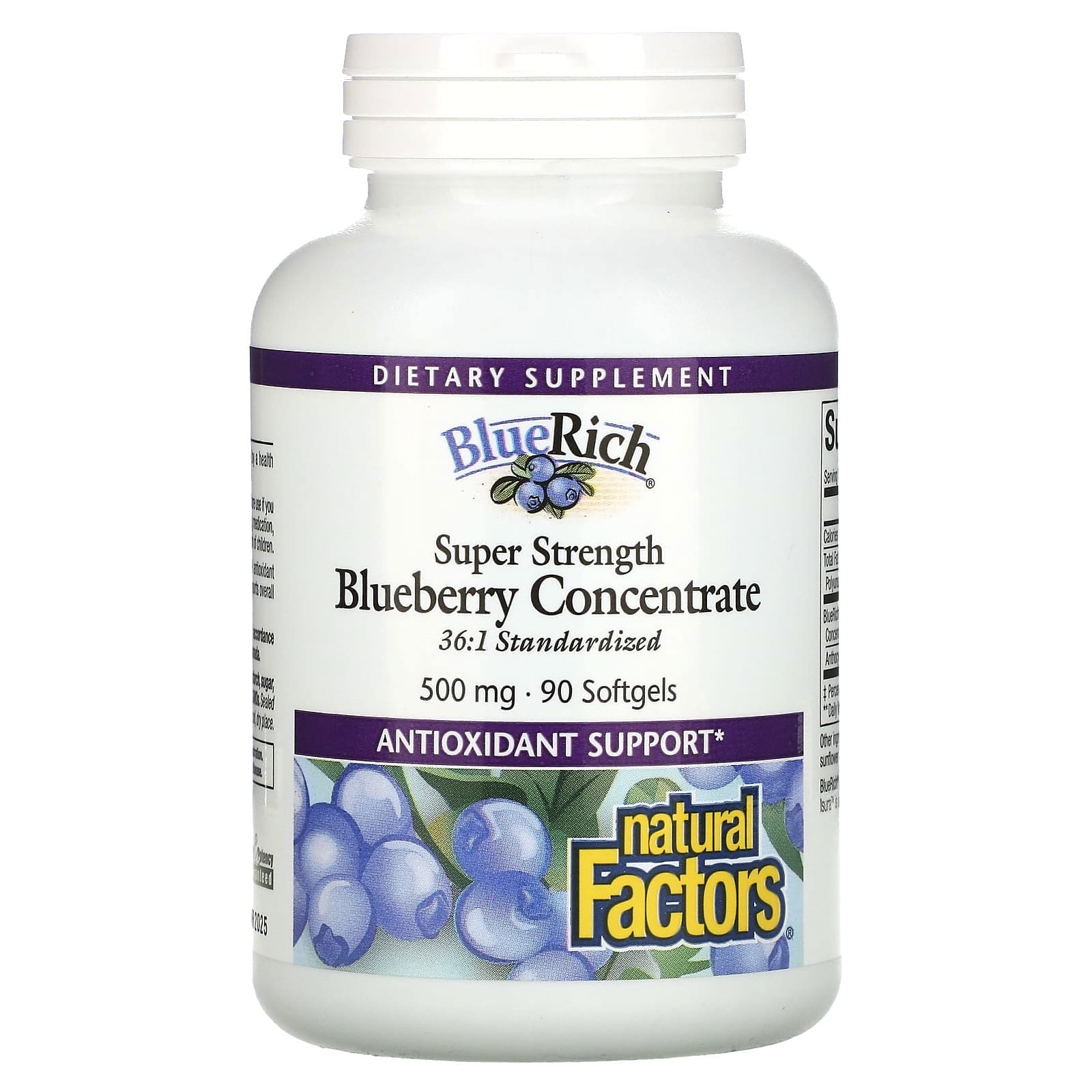 Natural Factors, BlueRich, Superpotente, Concentrado de arándano azul, 500 mg, 90 cápsulas blandas