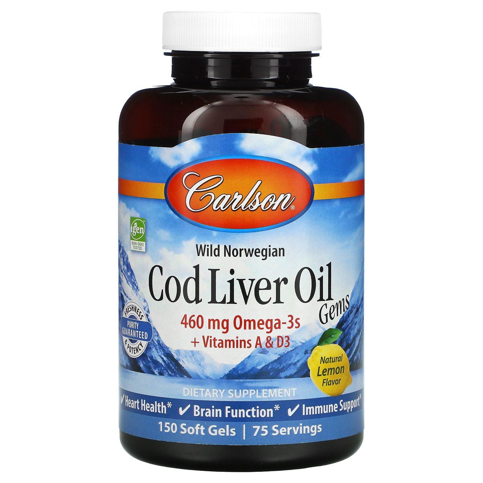 Carlson Labs, Wild Norwegian, Cod Liver Oil Gems, Natural Lemon Flavor, 460 mg, 150 Soft Gels