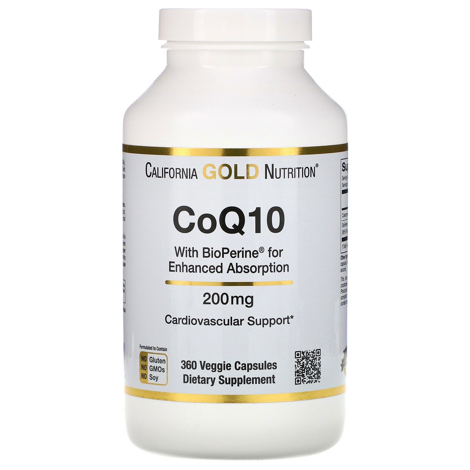 California Gold Nutrition, CoQ10 con BioPerine verificada por la farmacopea de EE. UU. (USP), 200 mg, 360 cápsulas vegetales