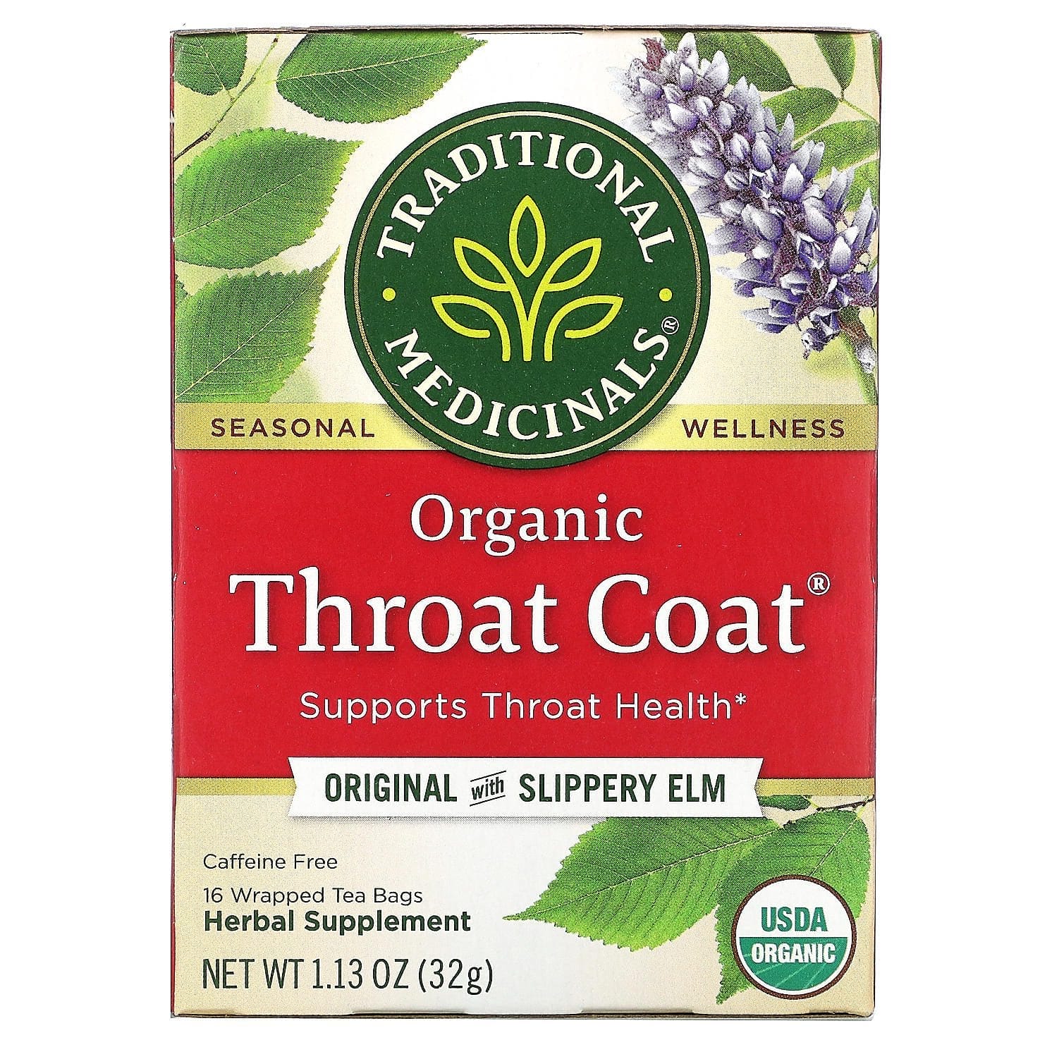 Traditional Medicinals, Throat Coat, Té orgánico, Producto original con olmo rojo, Sin cafeína, 16 bolsitas de té envueltas, 32 g (1,13 oz)