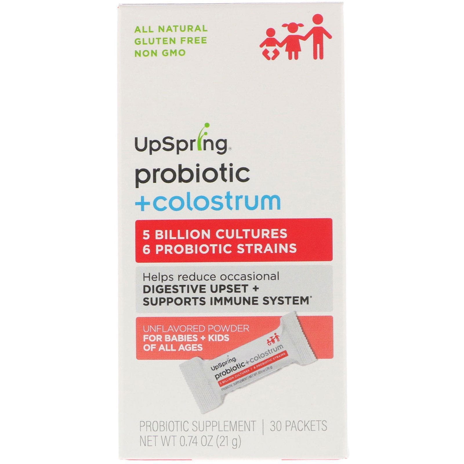UpSpring, Probiótico + Colostro, polvo sin sabor, 30 empaques , 0,74 oz (21 g) cada uno