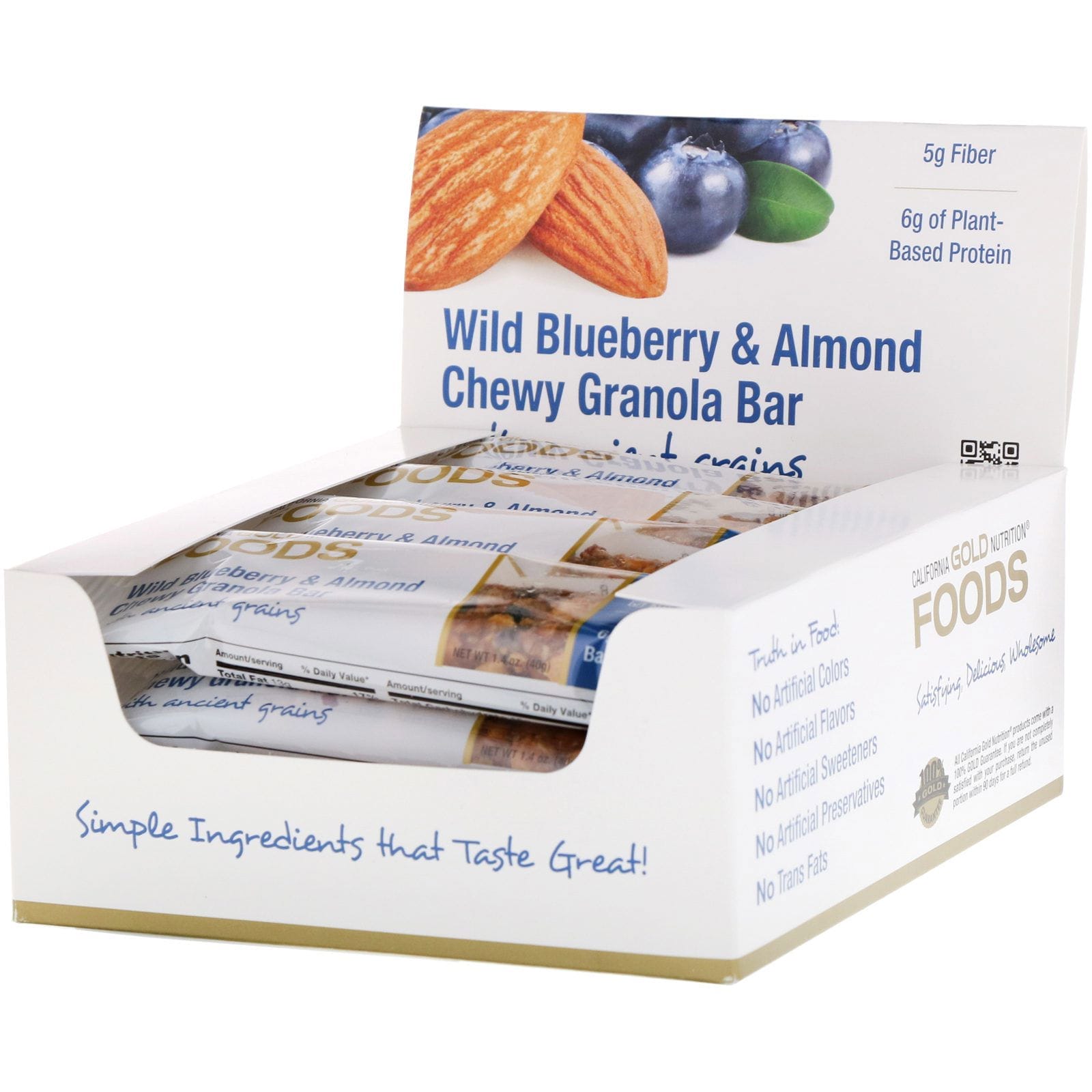 California Gold Nutrition, Alimentos, arándanos silvestres y barras de granola masticables con almendras, 12 Barras, 1.4 oz (40 g) cada una