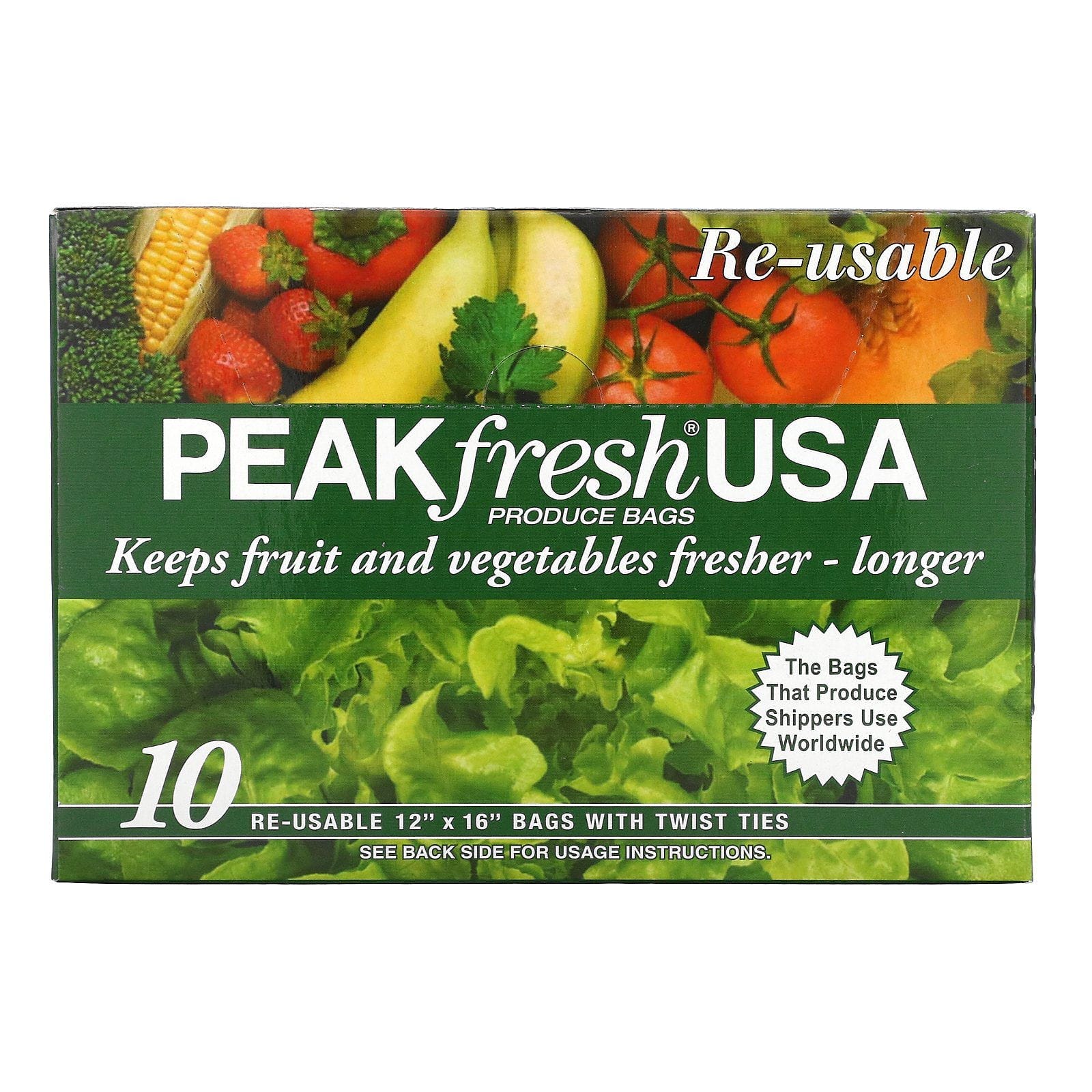 PEAKfresh USA, Bolsas para frutas y vegetales con precintos, Reutilizables, 10 bolsas