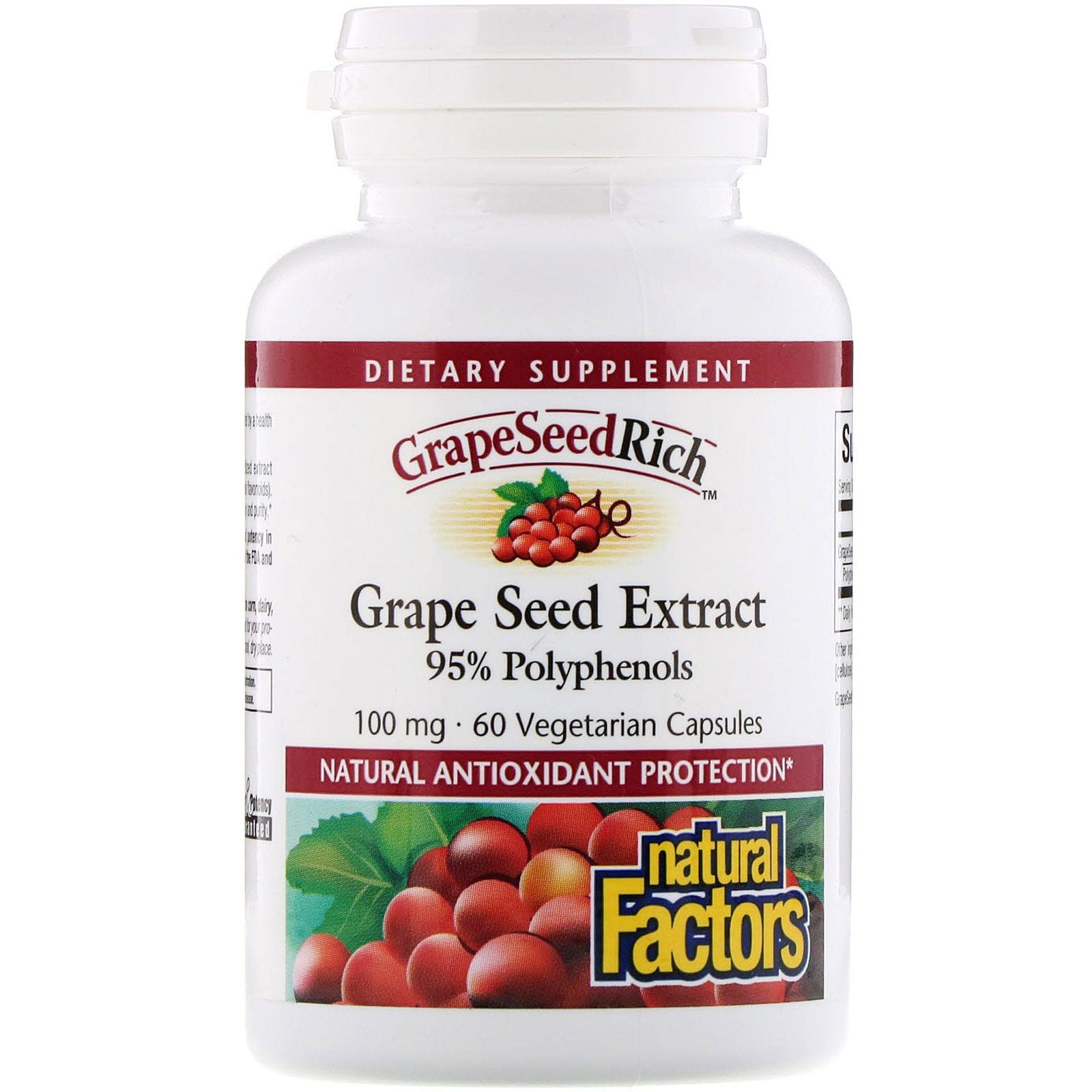 Natural Factors, Extracto de semilla de uva, 95 % de polifenoles, 100 mg, 60 Cápsulas vegetarianas