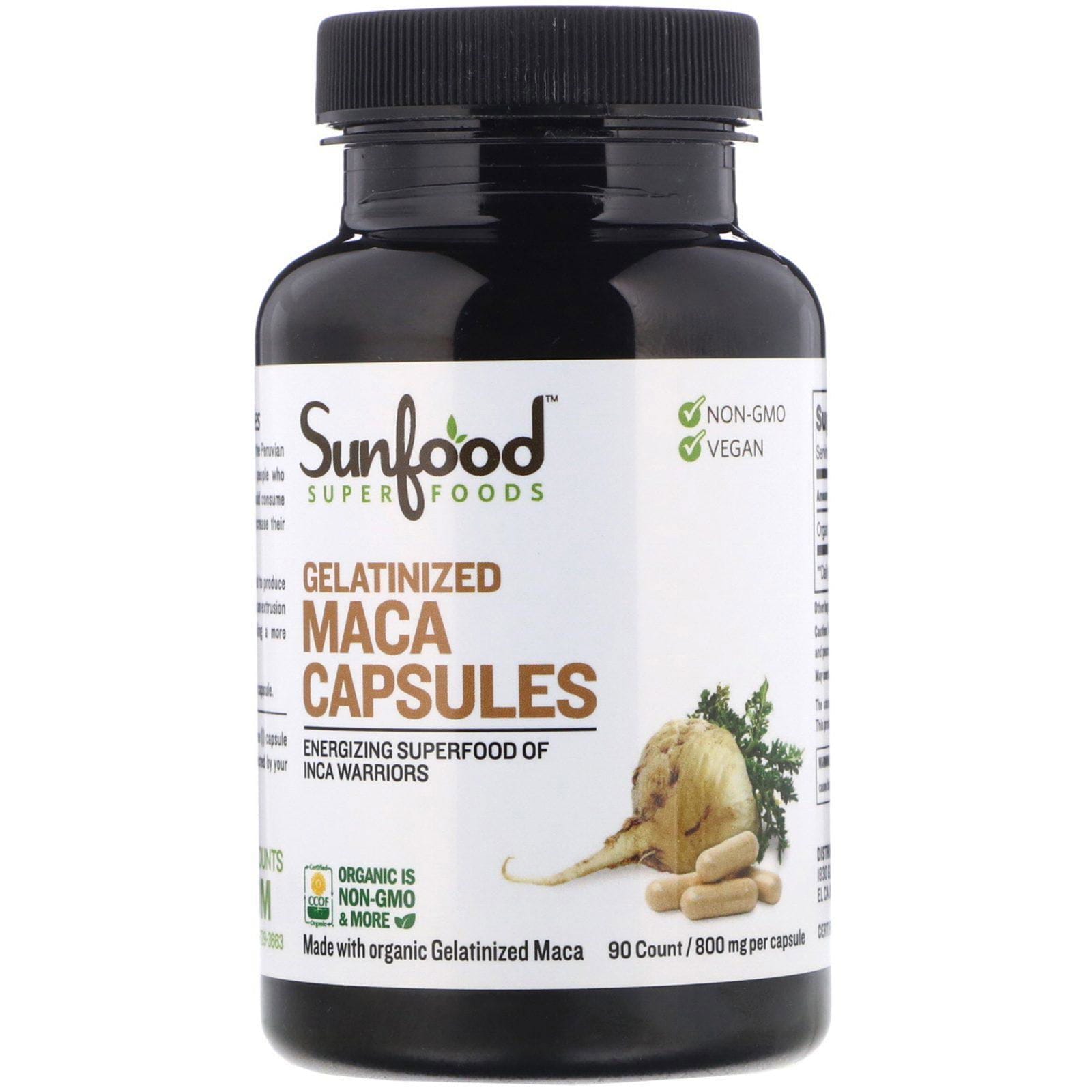 Sunfood, Cápsulas de maca gelatinizada, 800 mg, 90 cápsulas