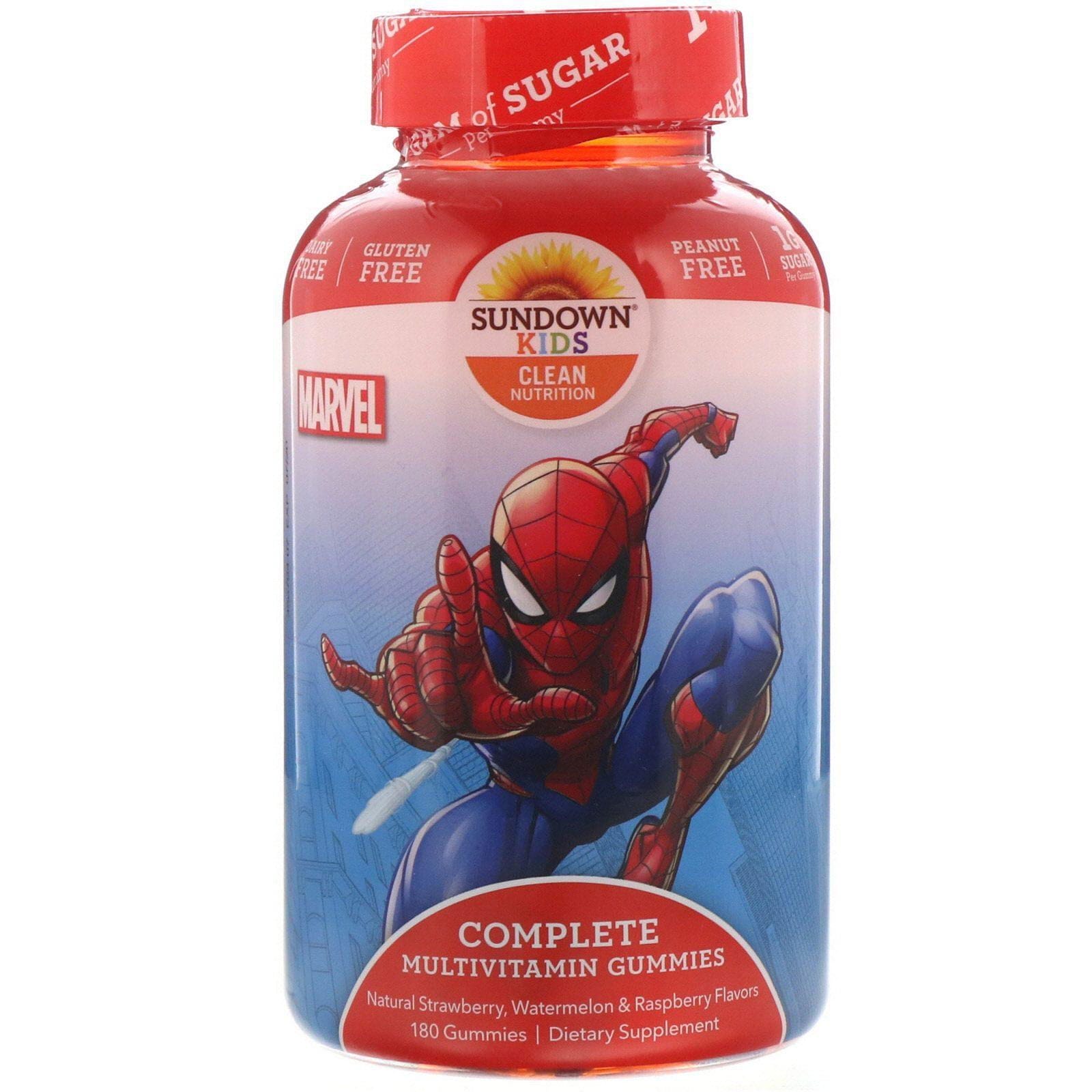 Sundown Naturals Kids, Gomitas multivitamínicas completas, Marvel Spiderman, Sabores naturales fresa, sandía y frambuesa, 180 gomitas