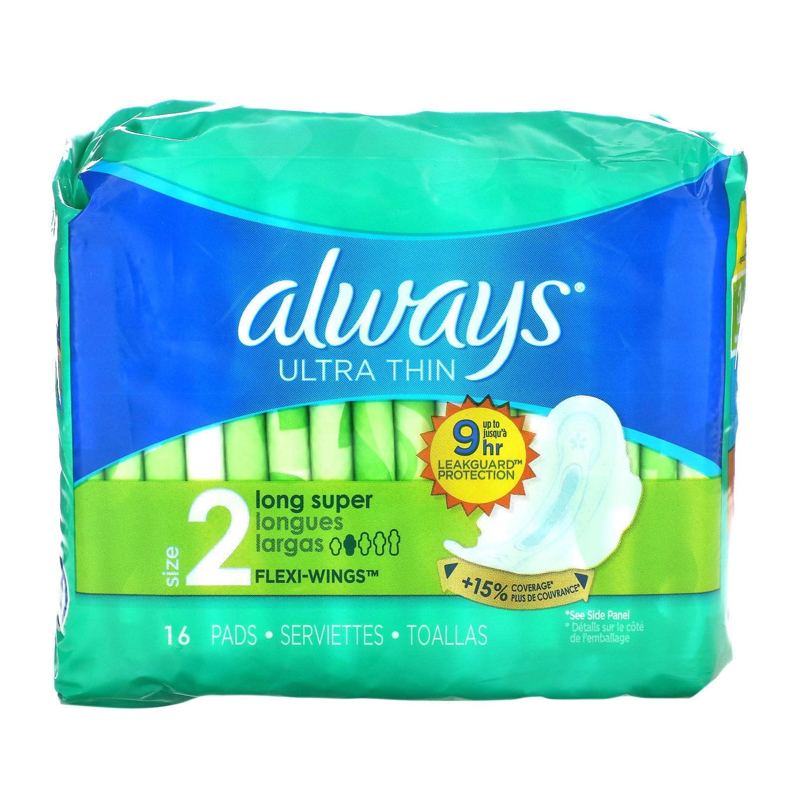 Always, Ultra delgada con alas, Tamaño 2, Súper largas, 16 toallas