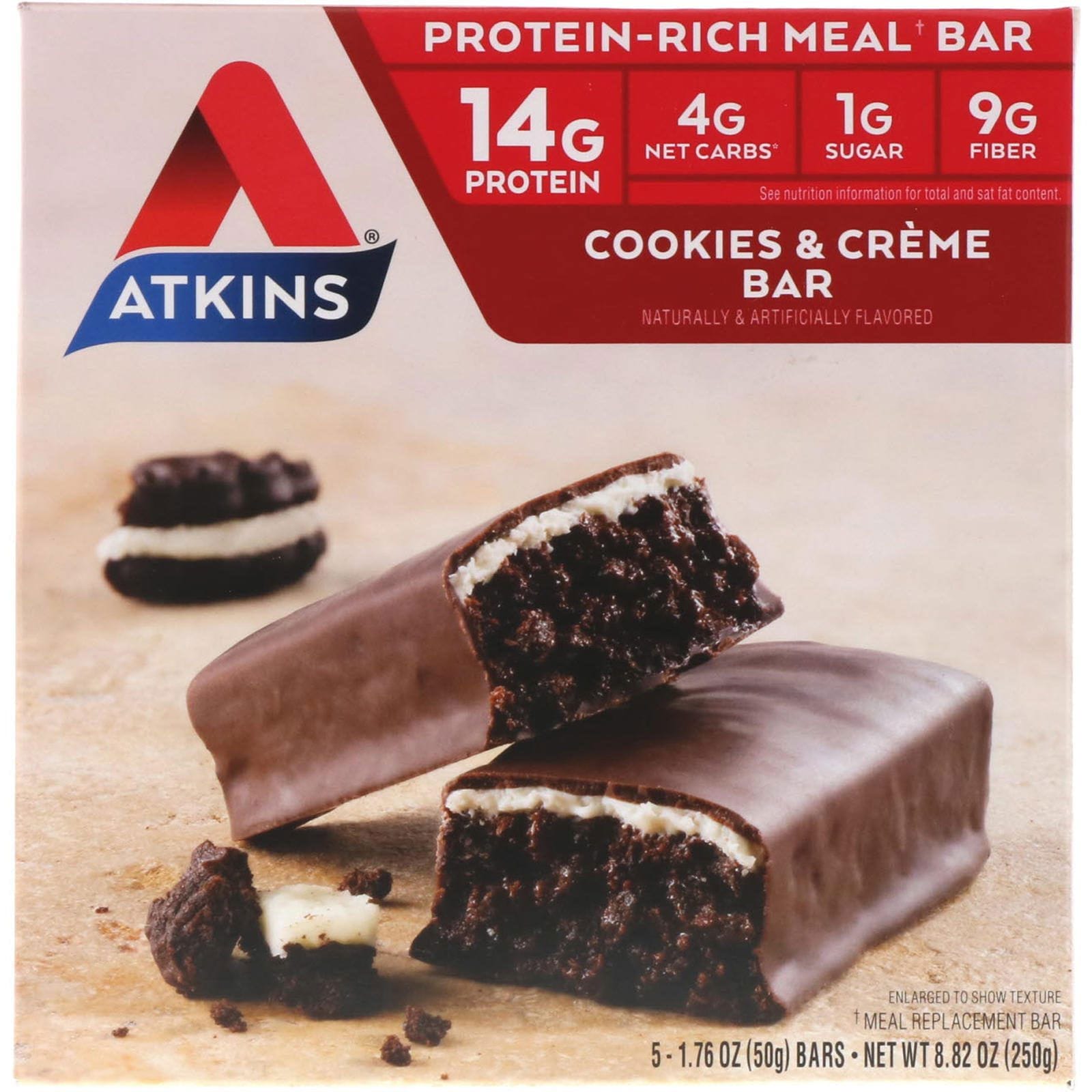 Atkins, Barra alimenticia, barra de galleta y crema, 5 barras 1,76 oz (50 g) cada una