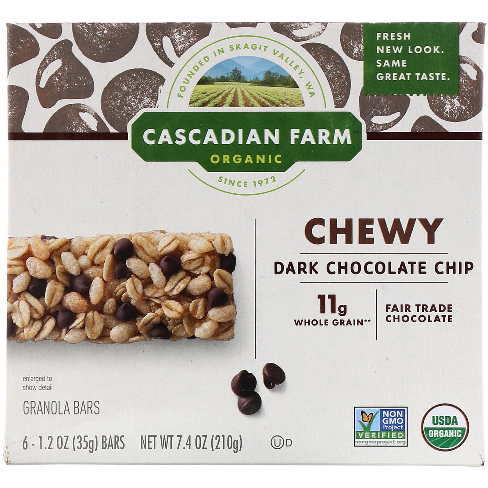 Cascadian Farm, Barras de granola masticables orgánicas, Chip de chocolate amargo, 6 barritas, 35 g (1,2 oz) cada una