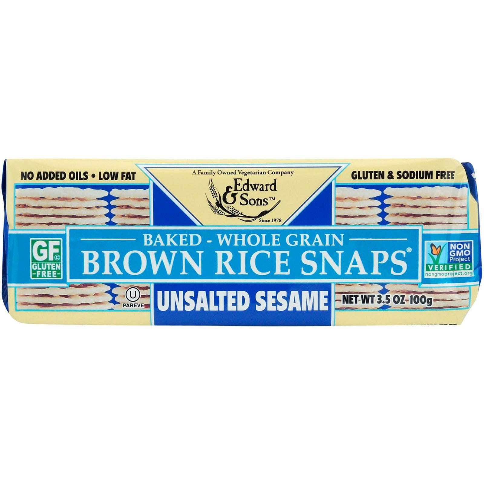 Edward & Sons, Bocadillos horneados de arroz integral, sésamo sin sal, 3.5 oz (100 g)