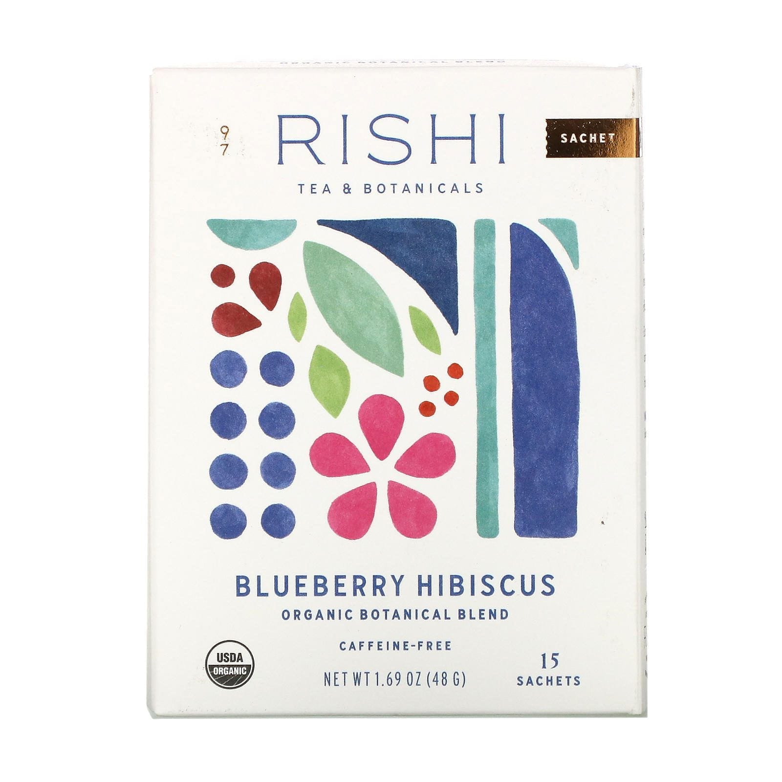 Rishi Tea, Mezcla botánica orgánica, Arándano azul e hibisco, Sin cafeína, 15 saquitos, 48 g (1,69 oz)