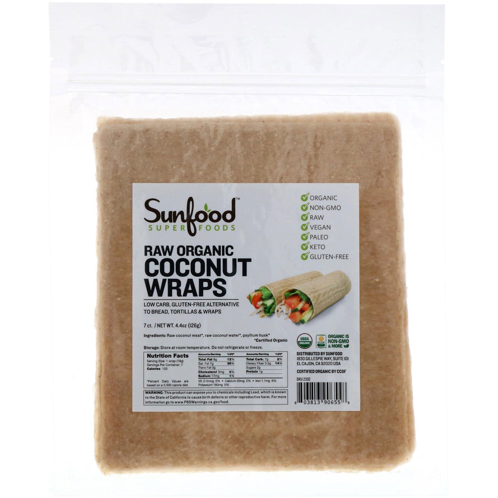 Sunfood, Wraps de coco orgánico crudos, 7 wraps, 126 g (4,4 oz)