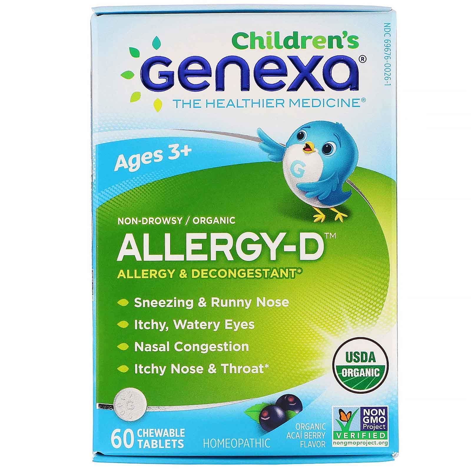 Genexa, Allergy-D para niños, Antialérgico y descongestionante orgánico, Sabor a baya de acai orgánica, 60 tabletas masticables