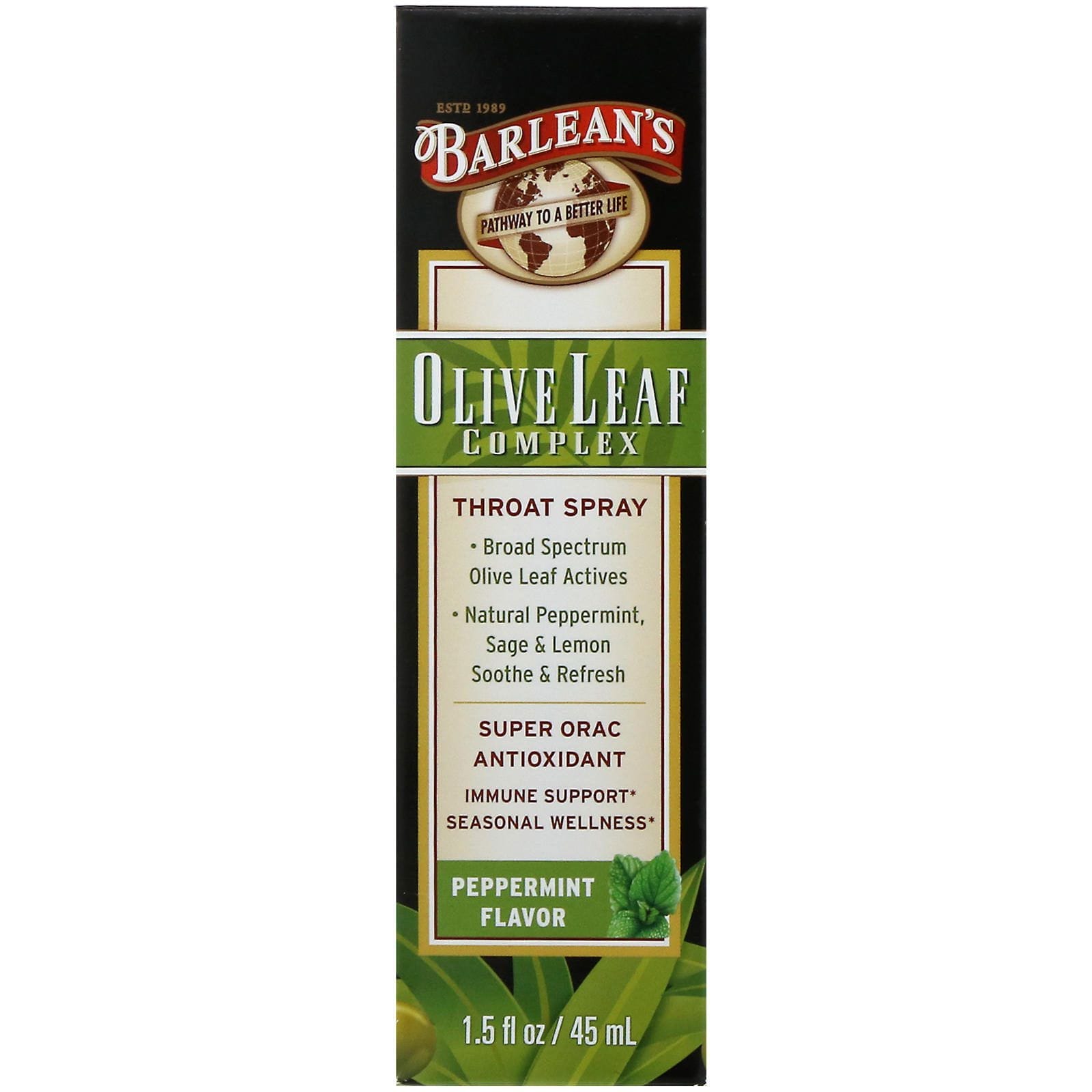 Barlean's, Complejo de hojas de olivo, rocío para la garganta, sabor a menta 45 ml (1,5 oz. líq)