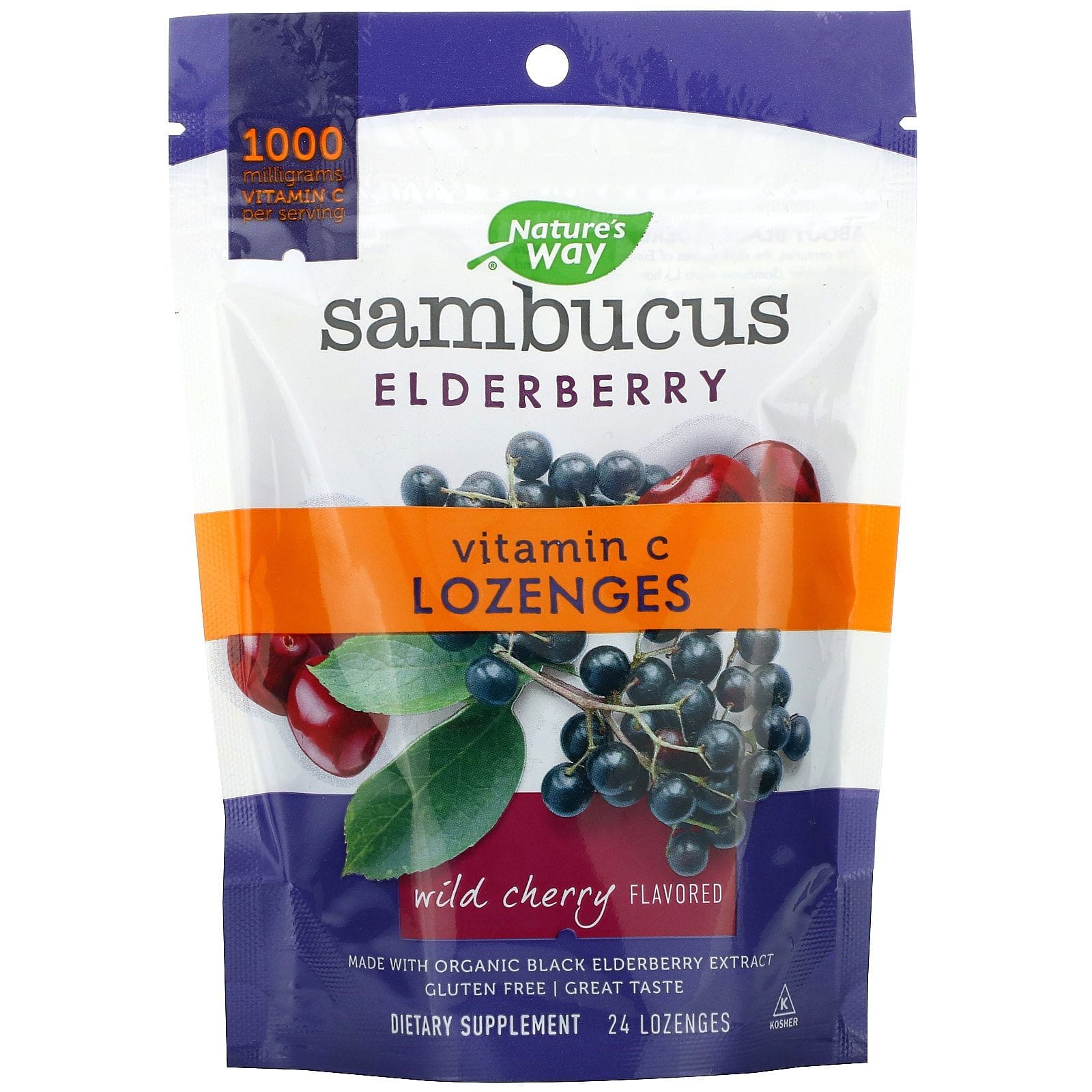 Nature's Way, Sambucus (saúco), Tabletas de vitamina C, Sabor a cereza silvestre, 24 tabletas