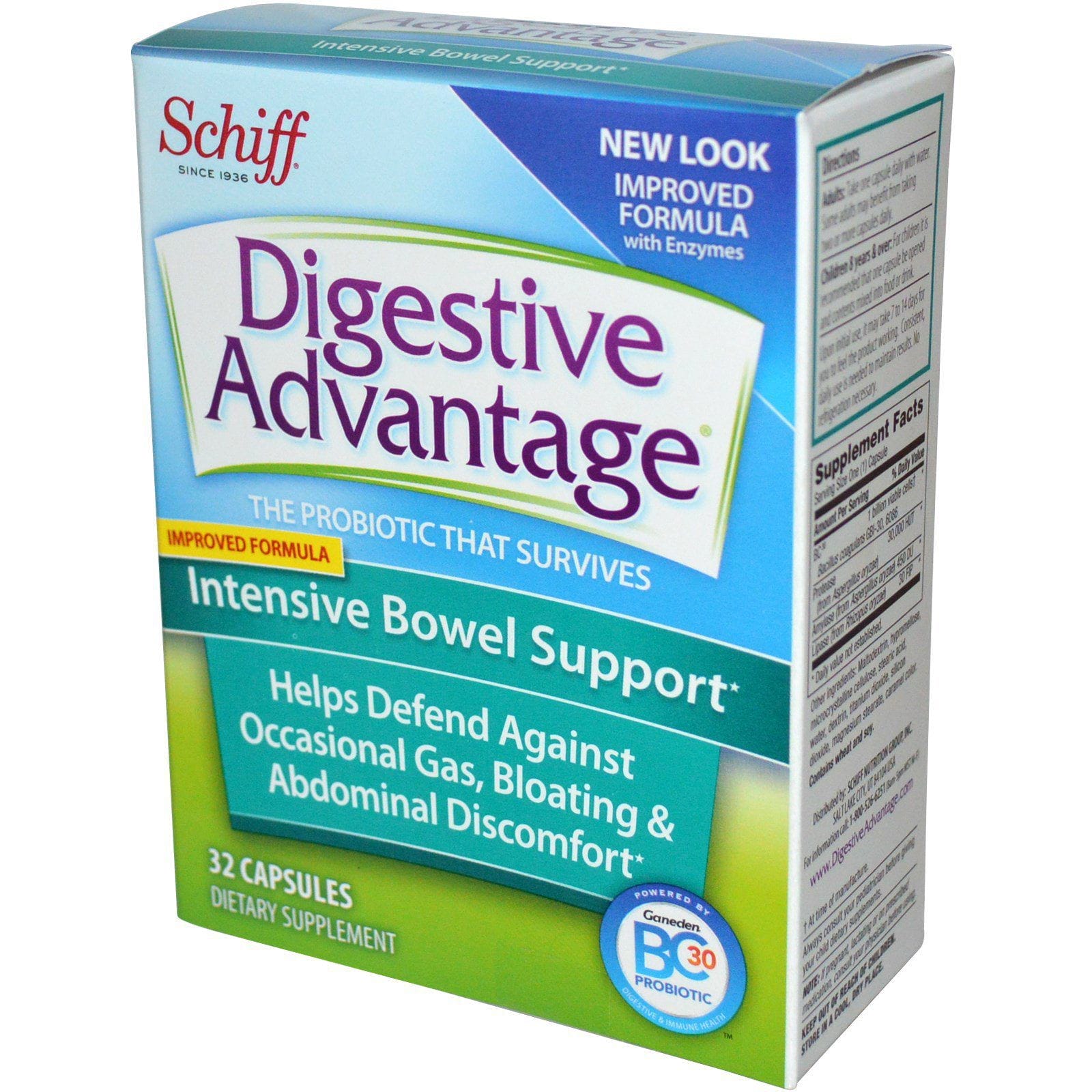 Schiff, Ventaja digestiva, apoyo intensivo para intestinos, 32 cápsulas