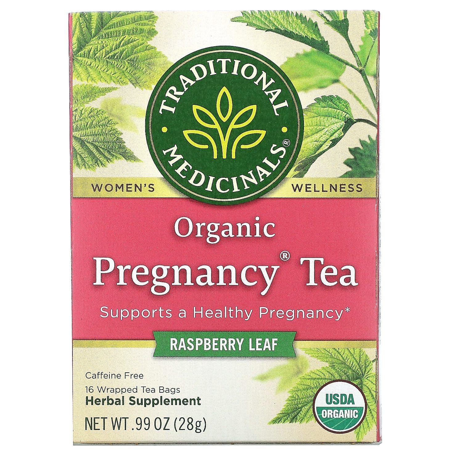Traditional Medicinals, Pregnancy, Té orgánico para el embarazo, Hoja de frambuesa, Sin cafeína, 16 bolsitas de té envueltas, 28 g (0,99 oz)