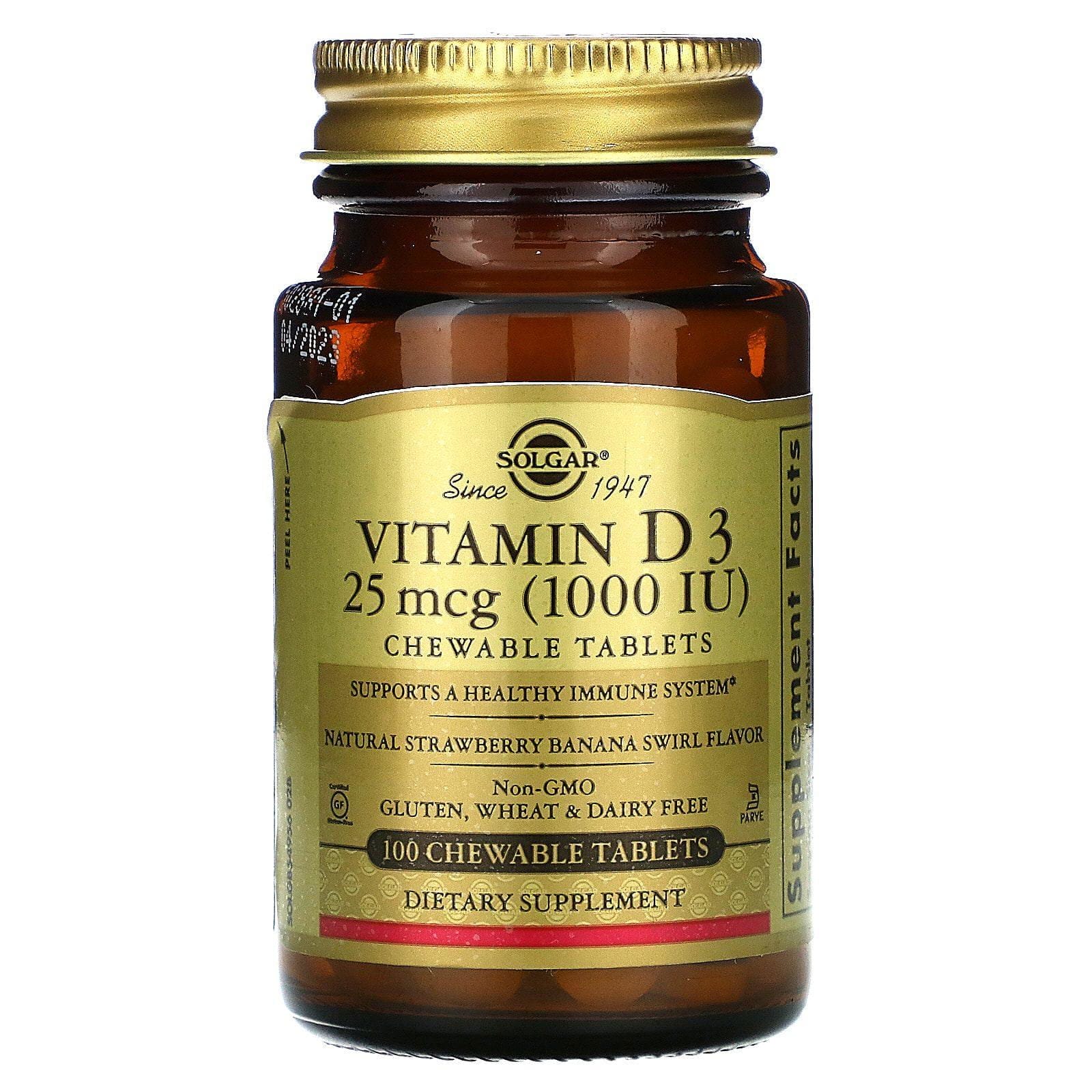 Solgar, Vitamina D3, sabor natural a frutilla y banana, 1000 UI, 100comprimidos masticables
