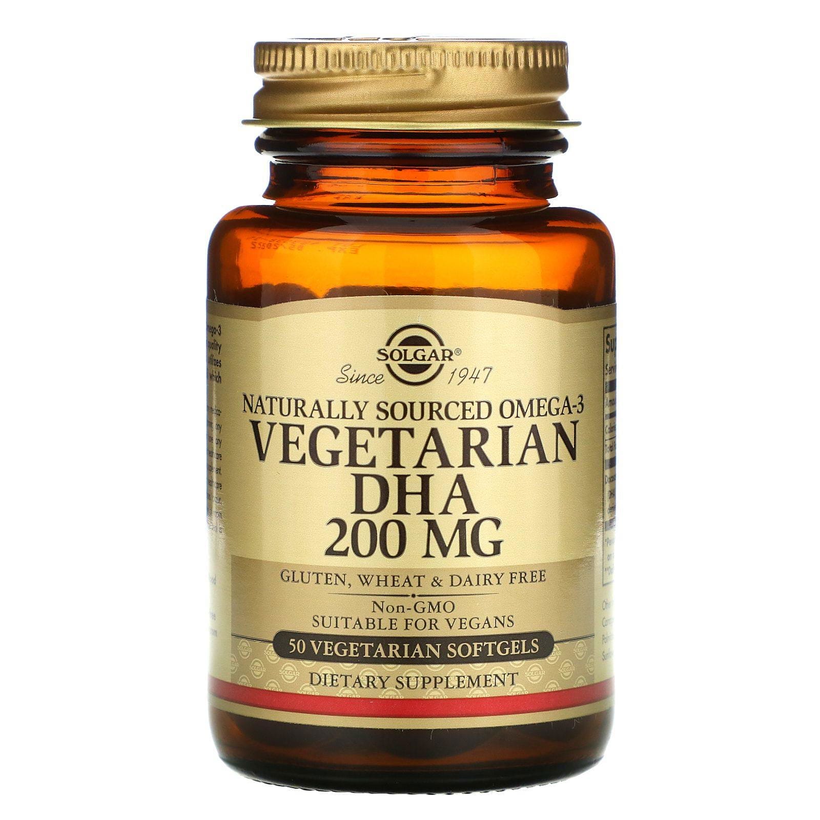 Solgar, Omega 3 de origen natural, DHA vegetariano, 200 mg, 50 cápsulas blandas vegetarianas