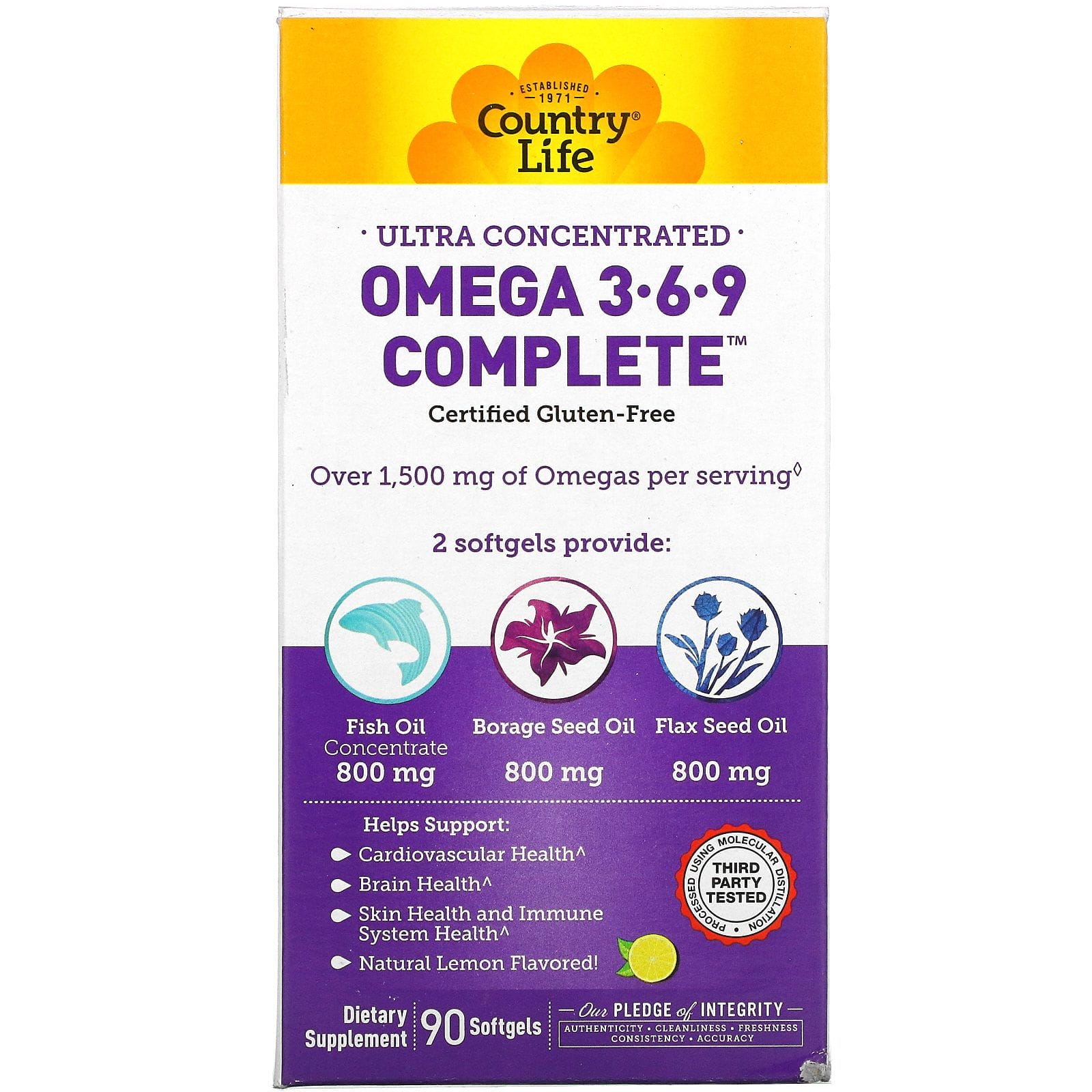Country Life, Ultra Concentrated Omega 3-6-9 Complete, Natural Lemon, 90 Softgels