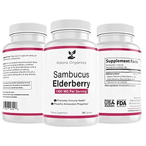 Adora Organics Sambucus Elderberry - 1400 mg - 180 Cápsulas - Potente apoyo inmunológico y empaquetado con antioxidantes ricos