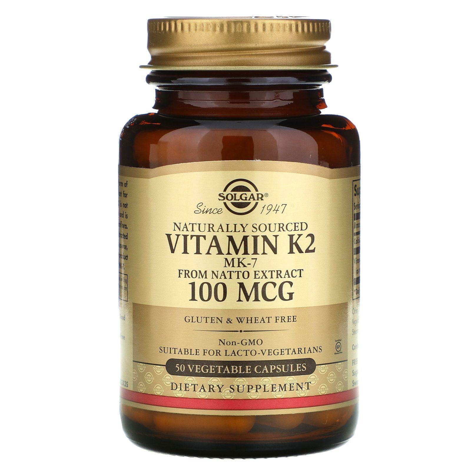 Solgar, Vitamina K2 de origen natural, 100 mcg, 50 cápsulas vegetales