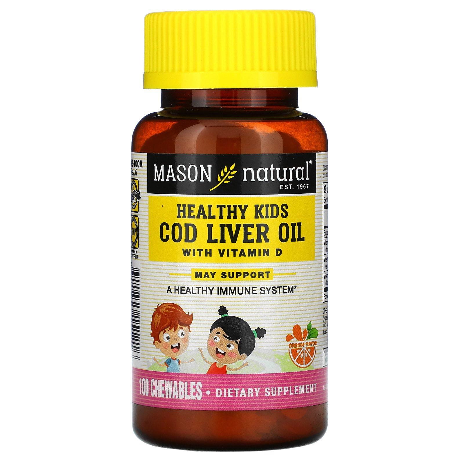 Mason Natural, Healthy Kids, Cod Liver Oil Chewable with Vitamin D!, Artificial Orange Flavor, 100 Chewables