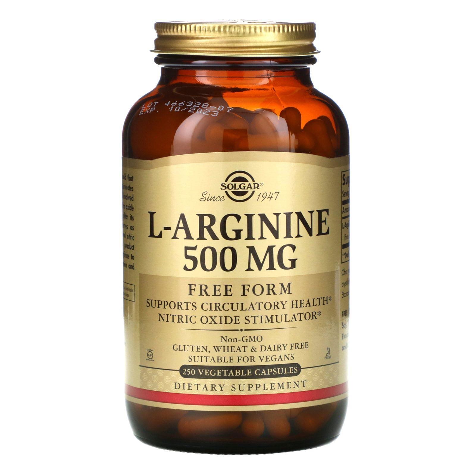 Solgar, L-arginina, Forma libre, 500 mg, 250 cápsulas vegetales