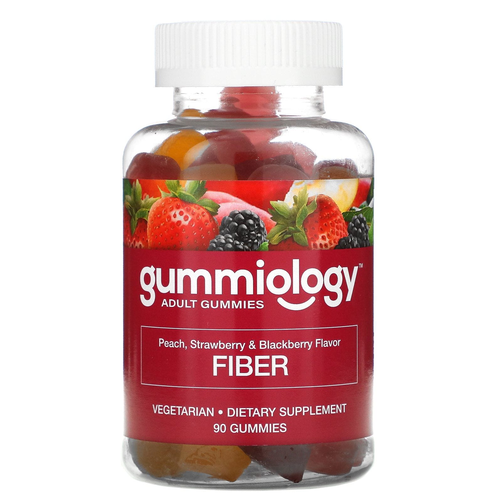 Gummiology, Gomitas con fibra, Sabor natural a melocotón, fresa y zarzamora, 90 gomitas vegetales