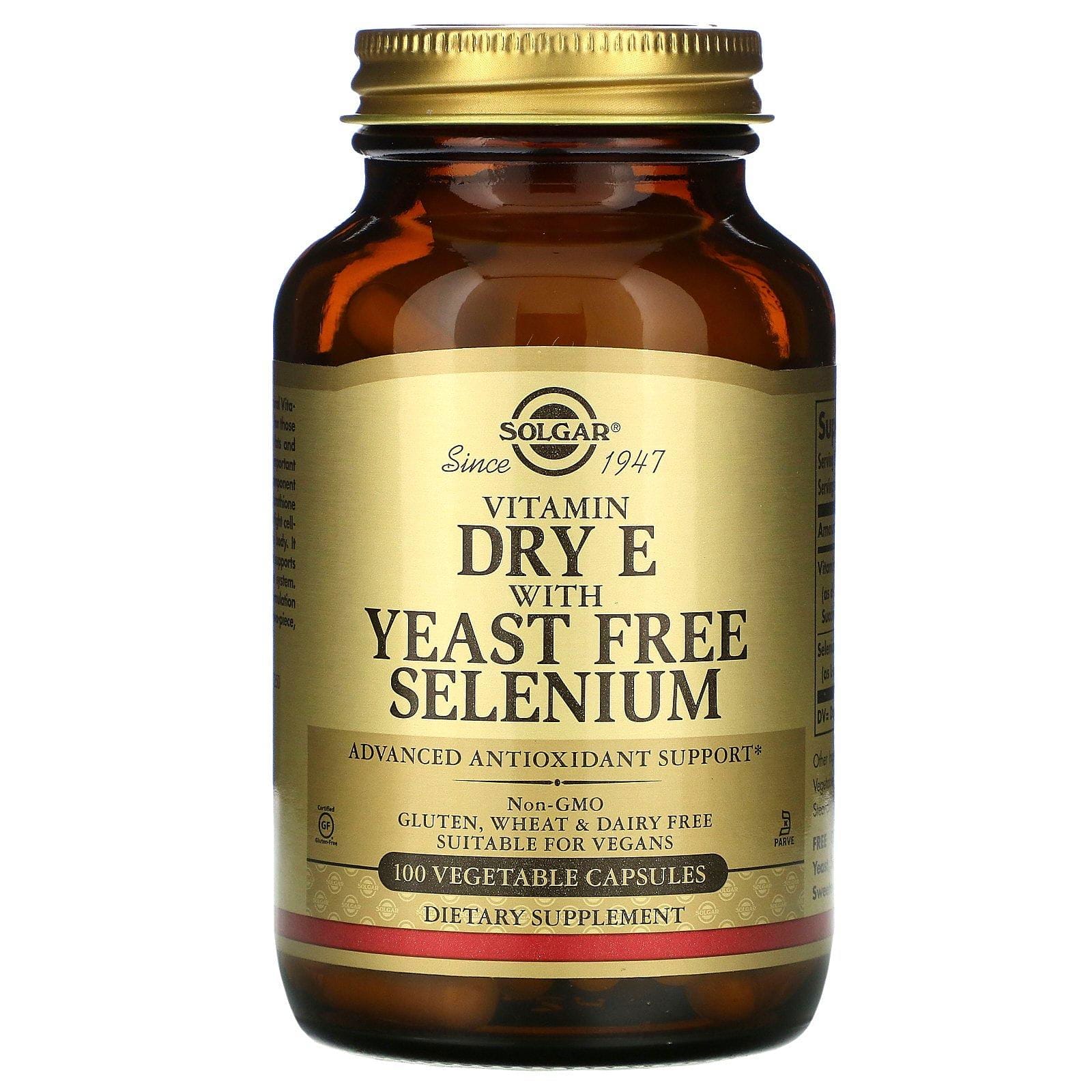 Solgar, Vitamina E seca con selenio libre de levadura, 100 cápsulas vegetales
