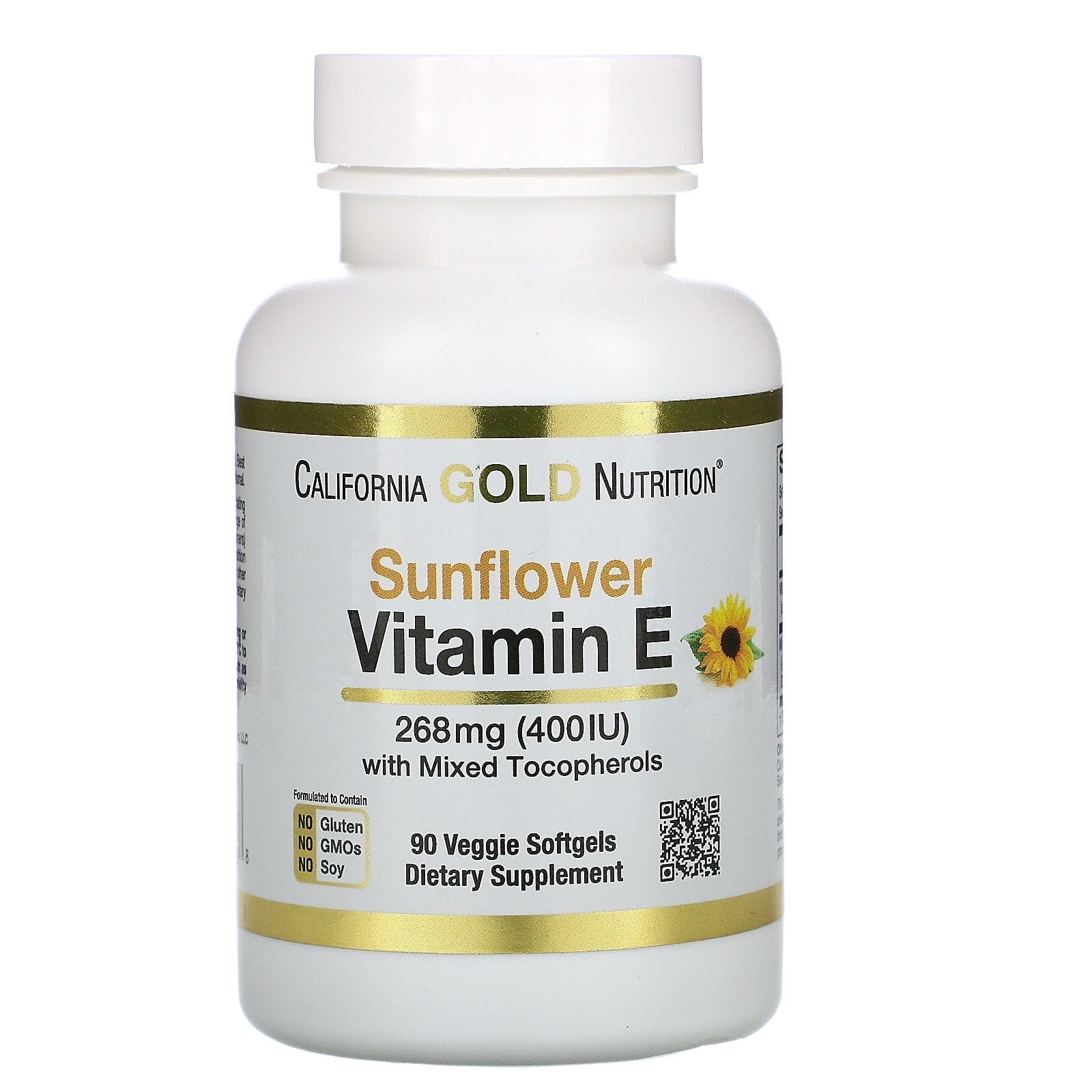 California Gold Nutrition, Girasol y vitamina E, Con mezcla de tocoferoles, 400 UI, 90 cápsulas blandas vegetales