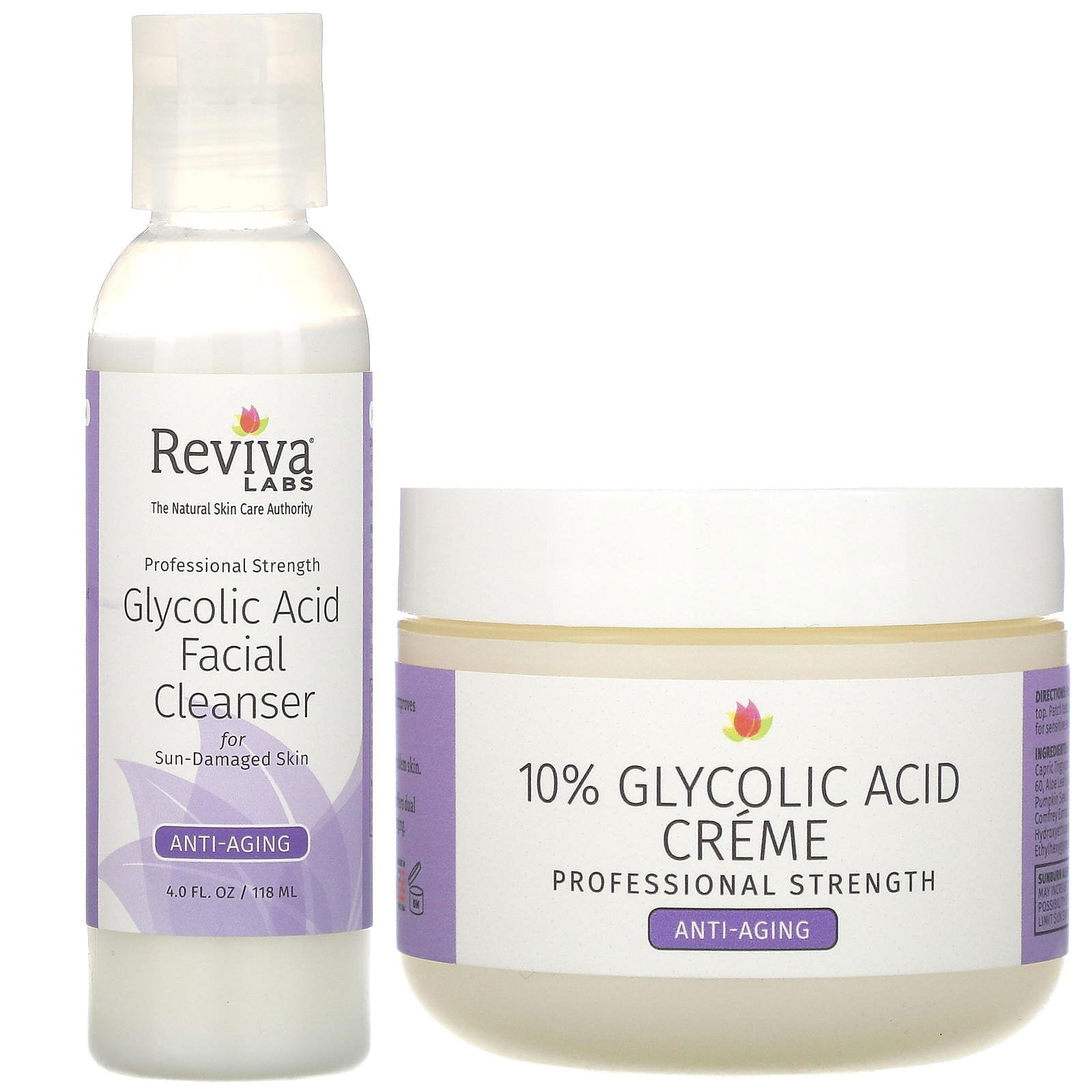 Reviva Labs, Crema 10 % ácido glicólico y limpiador facial de ácido glicólico, paquete de 2 piezas