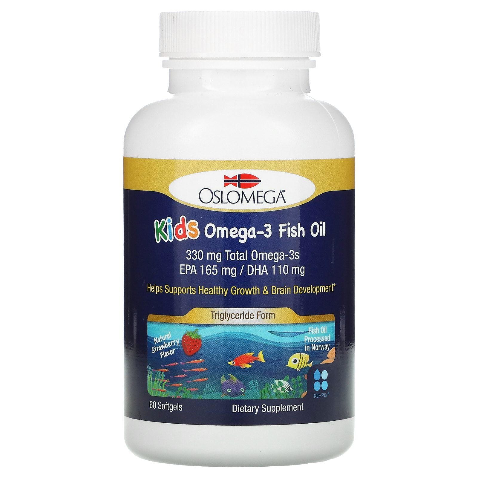 Oslomega, Aceite de pescado con omega-3 para niños, Sabor natural a fresa, 60 cápsulas blandas de gelatina de pescado