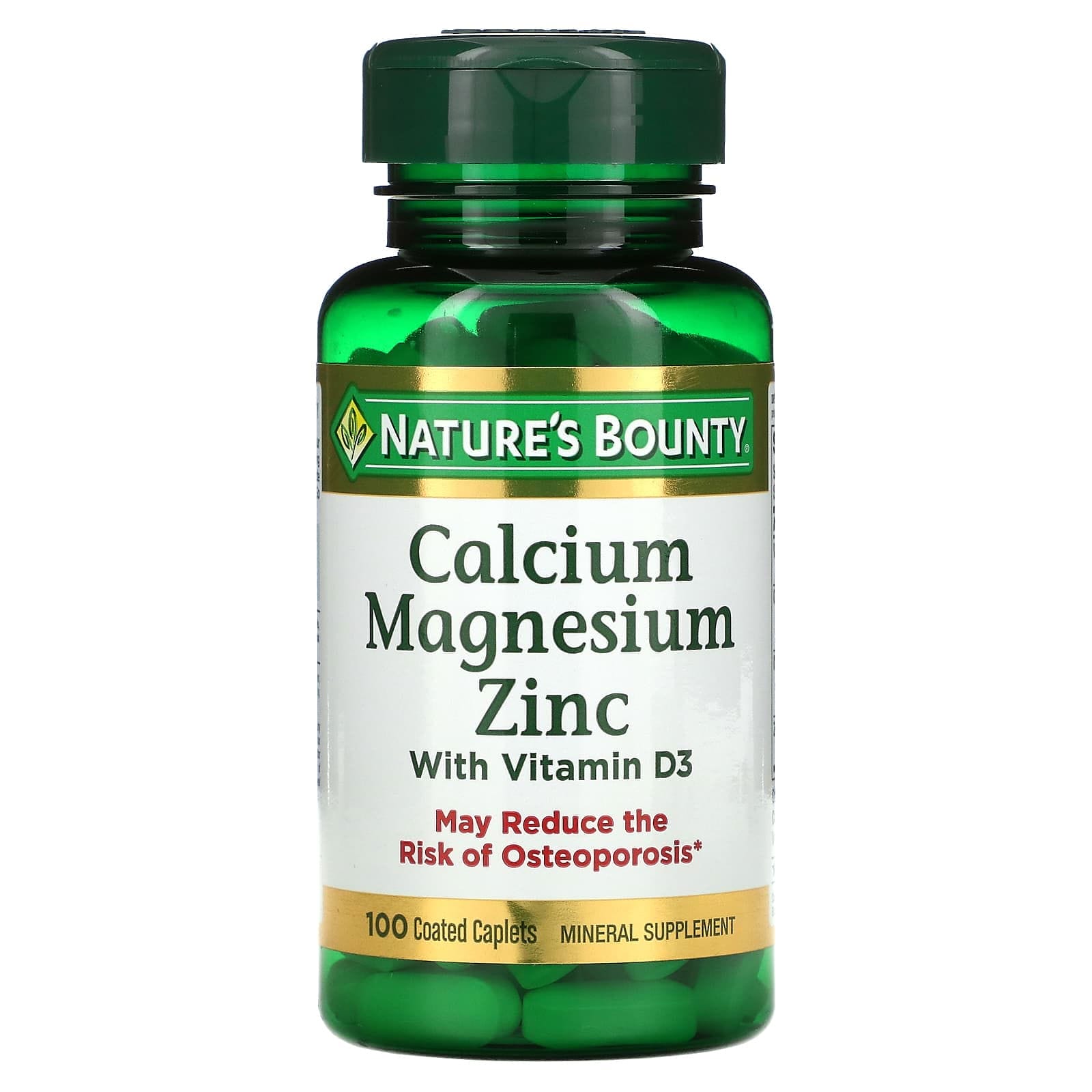 Nature's Bounty, Calcio, magnesio y zinc con vitamina D3, 100 comprimidos oblongos recubiertos
