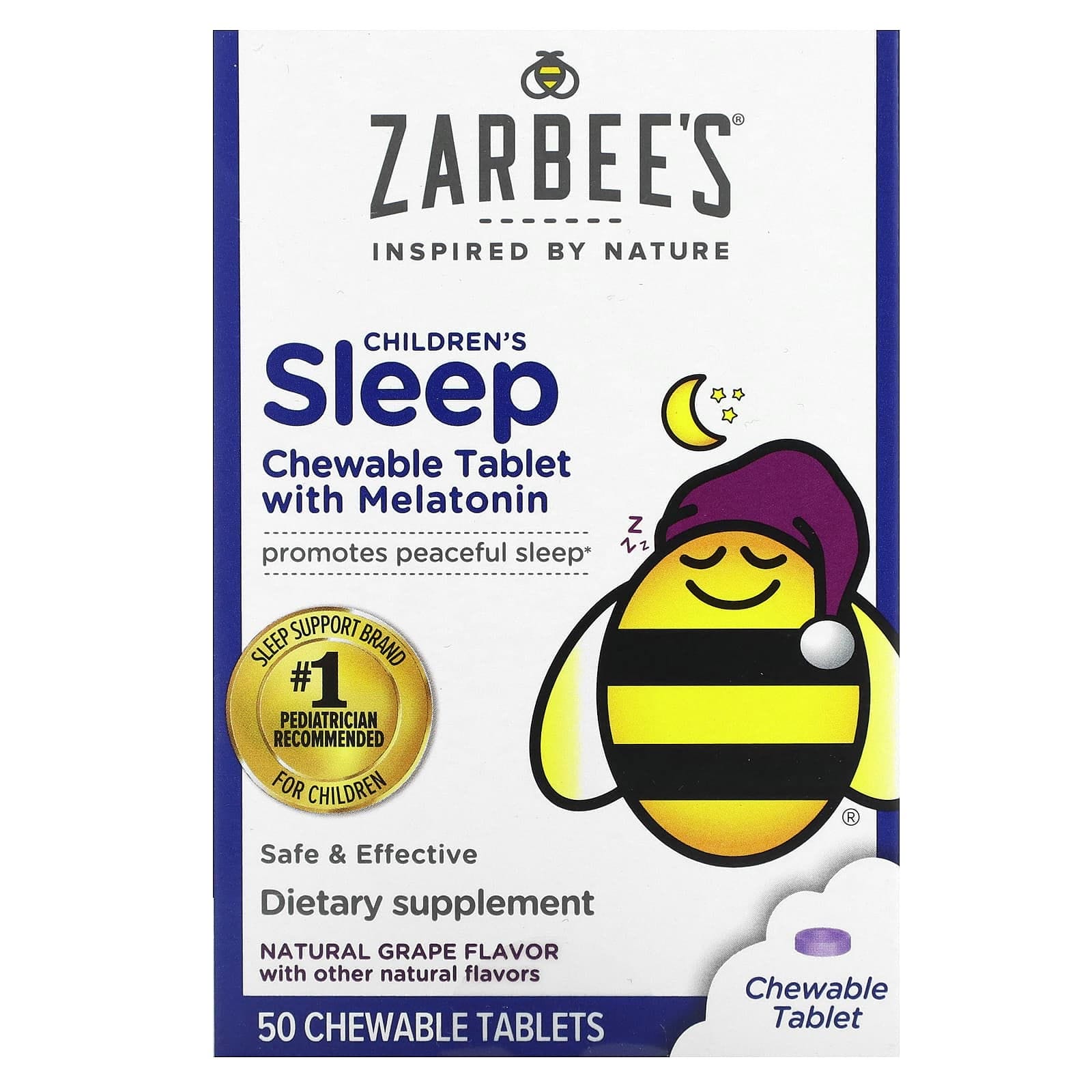 Zarbee's, Suplemento con melatonina para favorecer el sueño de los niños, De 3 años en adelante, Sabor natural a uva, 50 comprimidos masticables