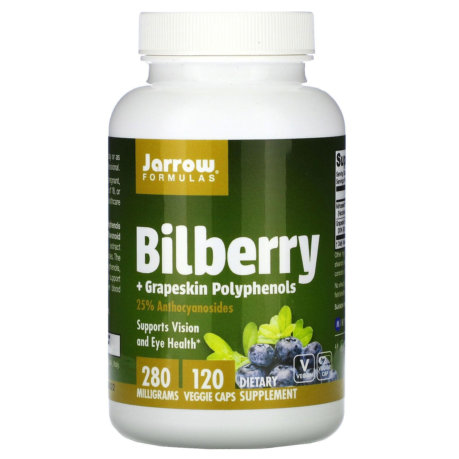 Jarrow Formulas, Bilberry + Grapeskin Polyphenols, 280 mg, 120 Cápsulas Veggie